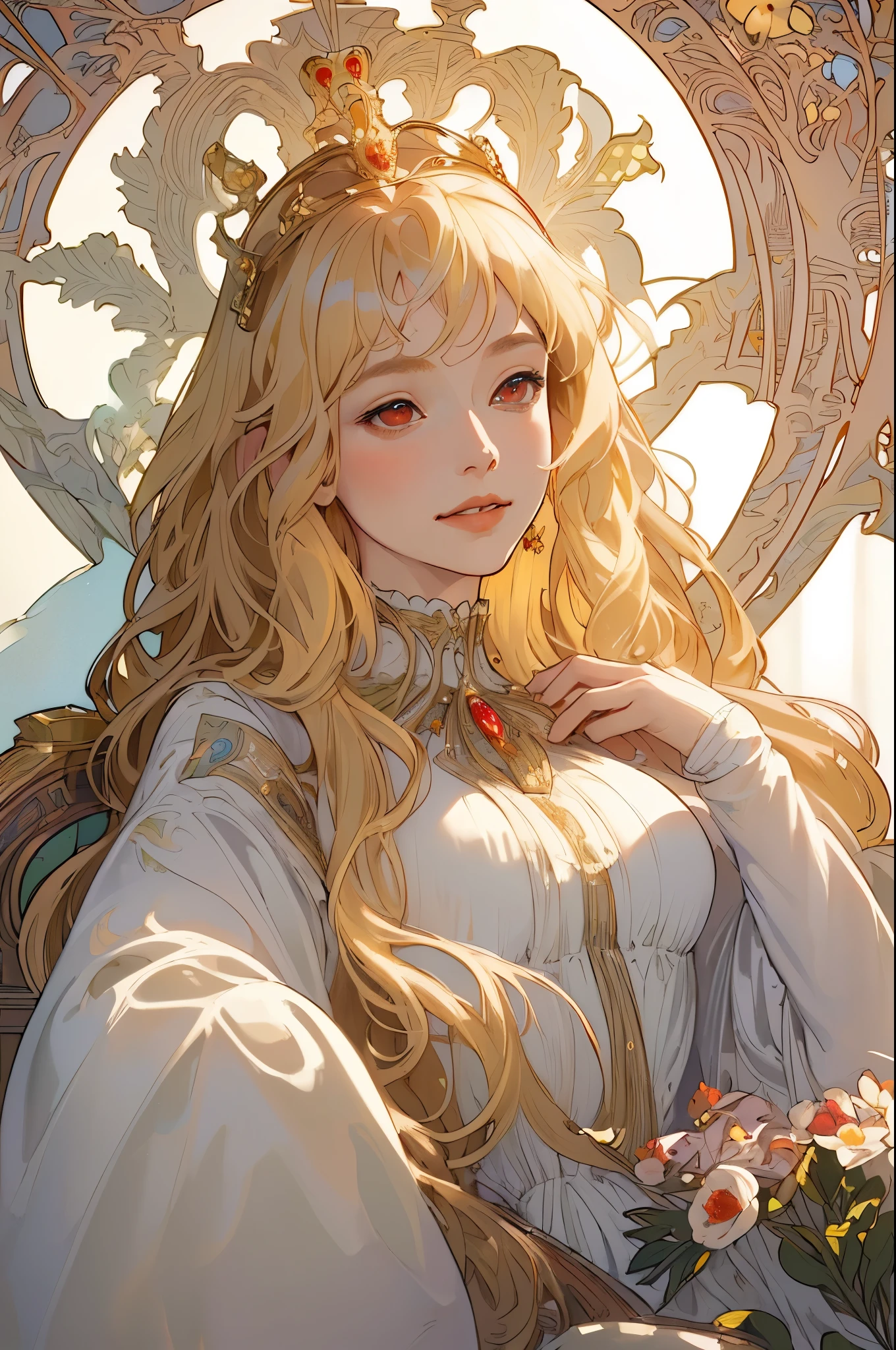 (masterpiece, highest quality), 1 girl, alone, (Queen:1.15), blonde, long hair, curtain, white dress, queen dress, aurora, (sunlight, null, river, forest), No expression, red eyes, (art nouveau:1.2), Alphonse Mucha, tiara, (face focus, Upper body), (red throne:1.12), very intricate details, realistic light, smile