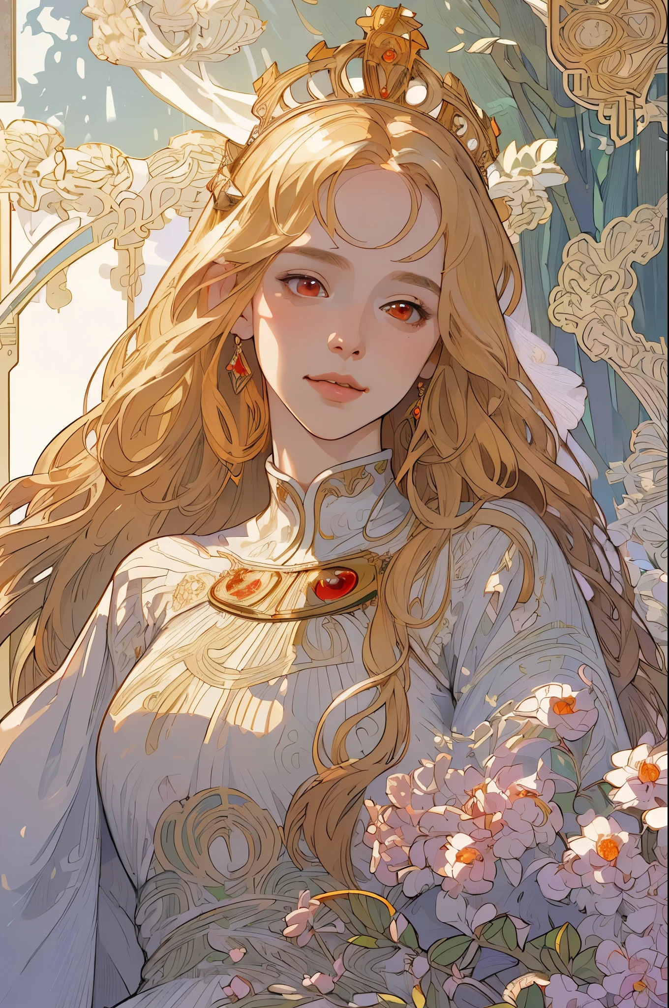 (masterpiece, highest quality), 1 girl, alone, (Queen:1.15), blonde, long hair, curtain, white dress, queen dress, aurora, (sunlight, null, river, forest), No expression, red eyes, (art nouveau:1.2), Alphonse Mucha, tiara, (face focus, Upper body), (red throne:1.12), very intricate details, realistic light, smile