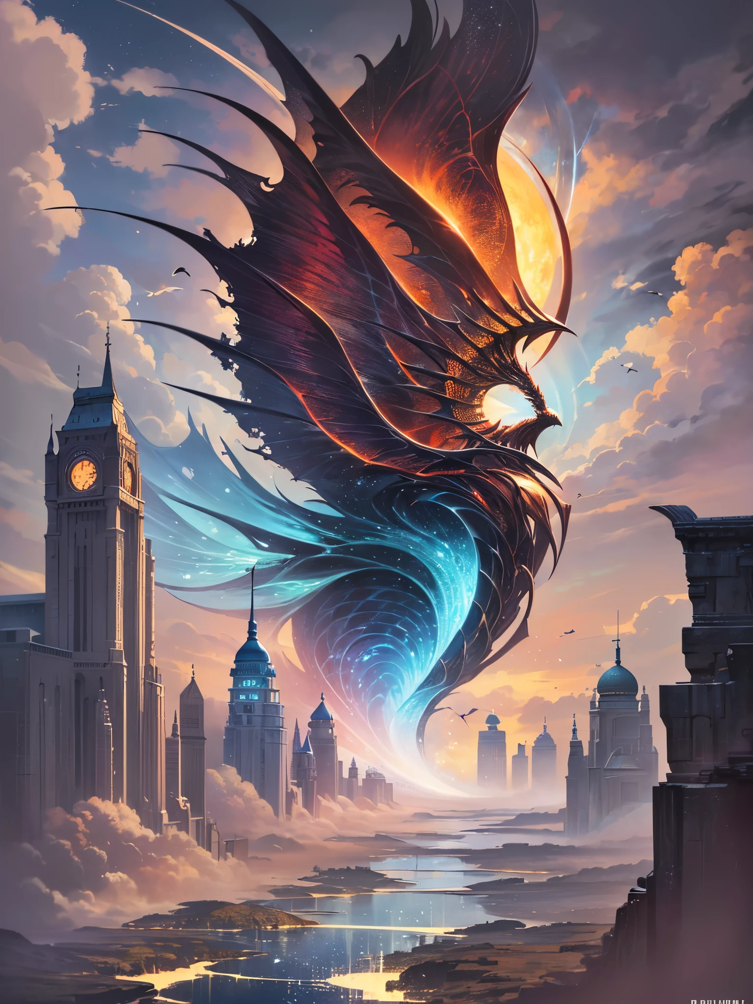 ((highest quality)),(ultra high resolution),(Super detailed),(detailed description),((best CG)),(best work of art),super precision art,amazing drawing art,(Fantasy art with precise details:1.5), A sea of clouds that spreads forever,Red Moon,blue Moon