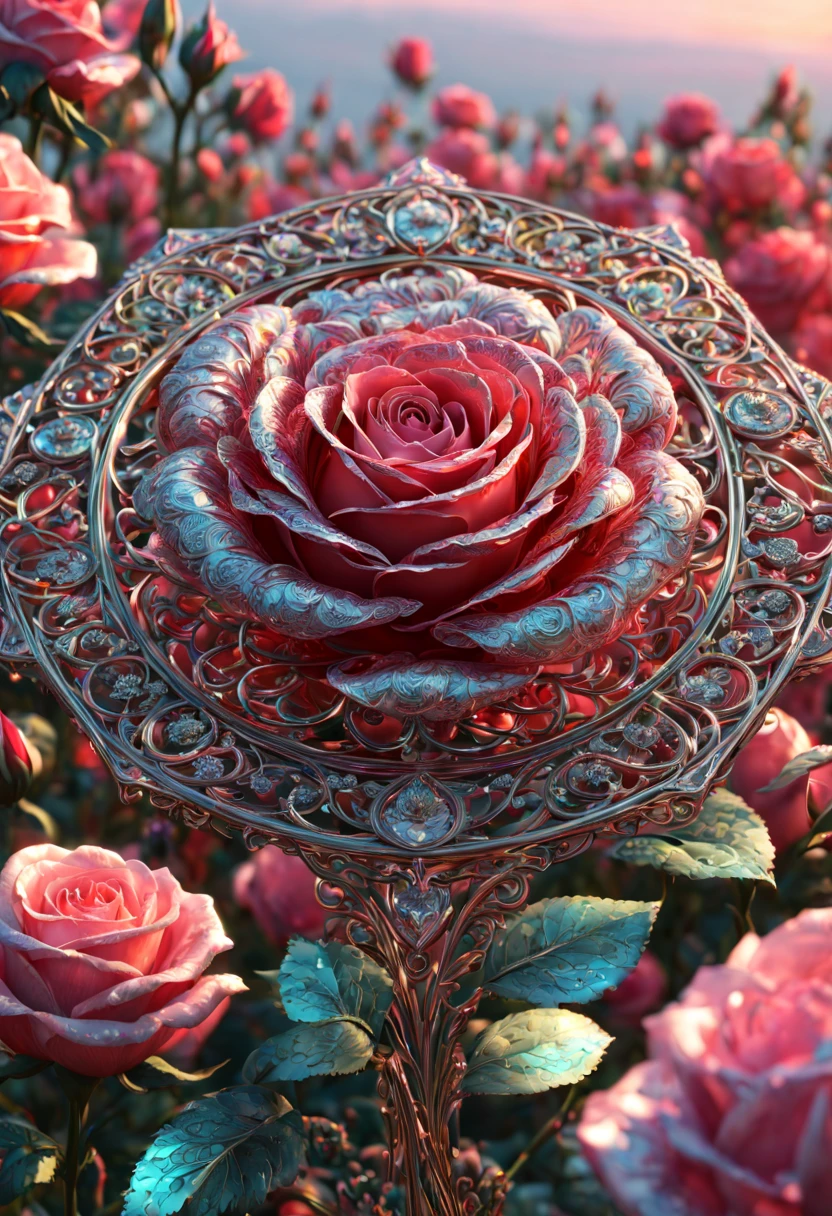 sea of flowers, aesthetic, extremely detailed complex "Shiny Diamond Filigree Rose!!!", a breathtaking epic masterpiece artwork. maximalist highly detailed and intricate professional photography, a_masterpiece, 8k resolution concept_art, Artstation, triadic colors, Unreal Engine 5, cgsociety, octane_photograph