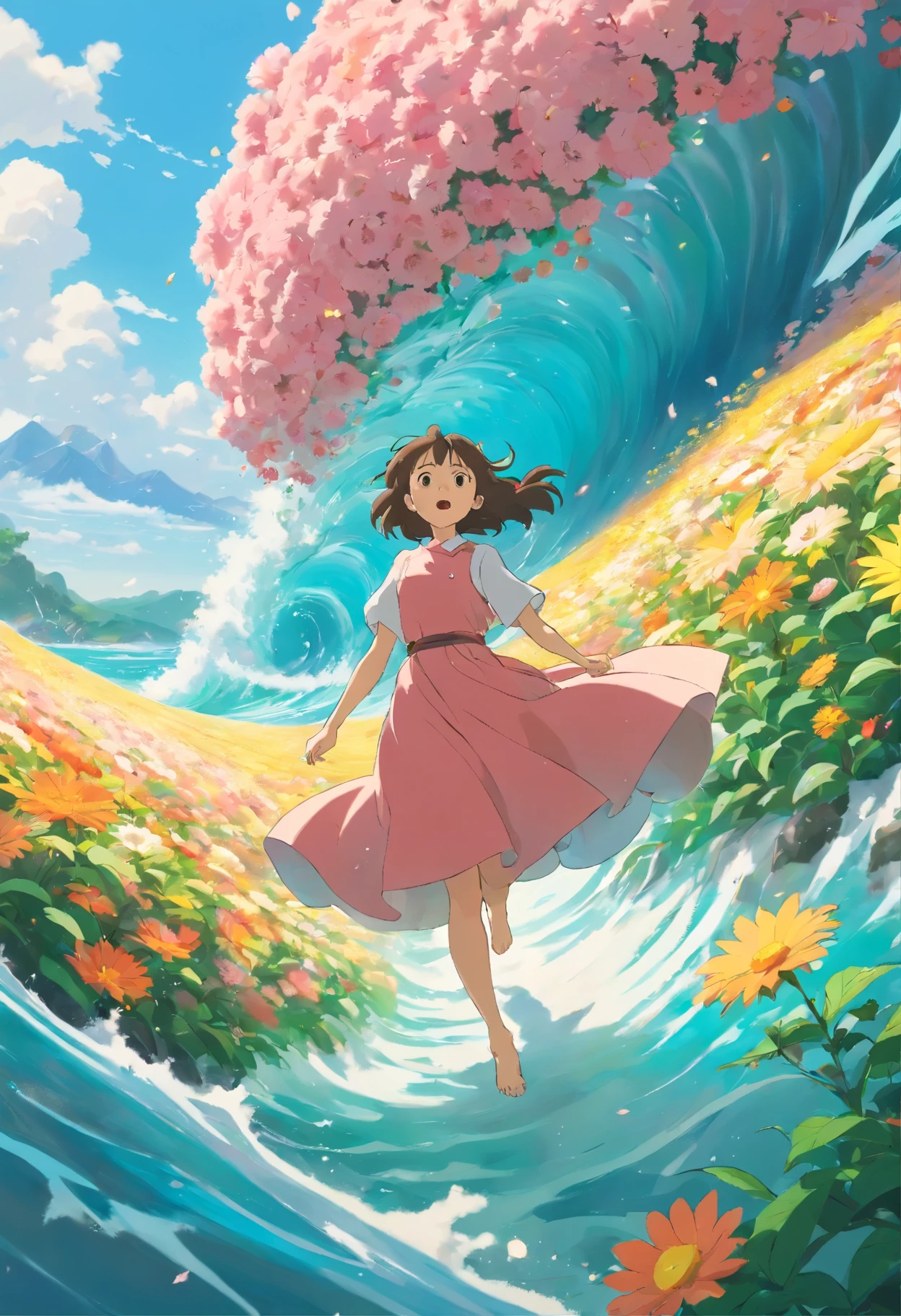 from below, best quality, 32k, RAW photo, incredibly absurdres, extremely detailed, delicate texture, the big wave of massive flowers and massive petals is swallowed up, fantasy, fairy tale, pastel color, motion-blur, action-lines