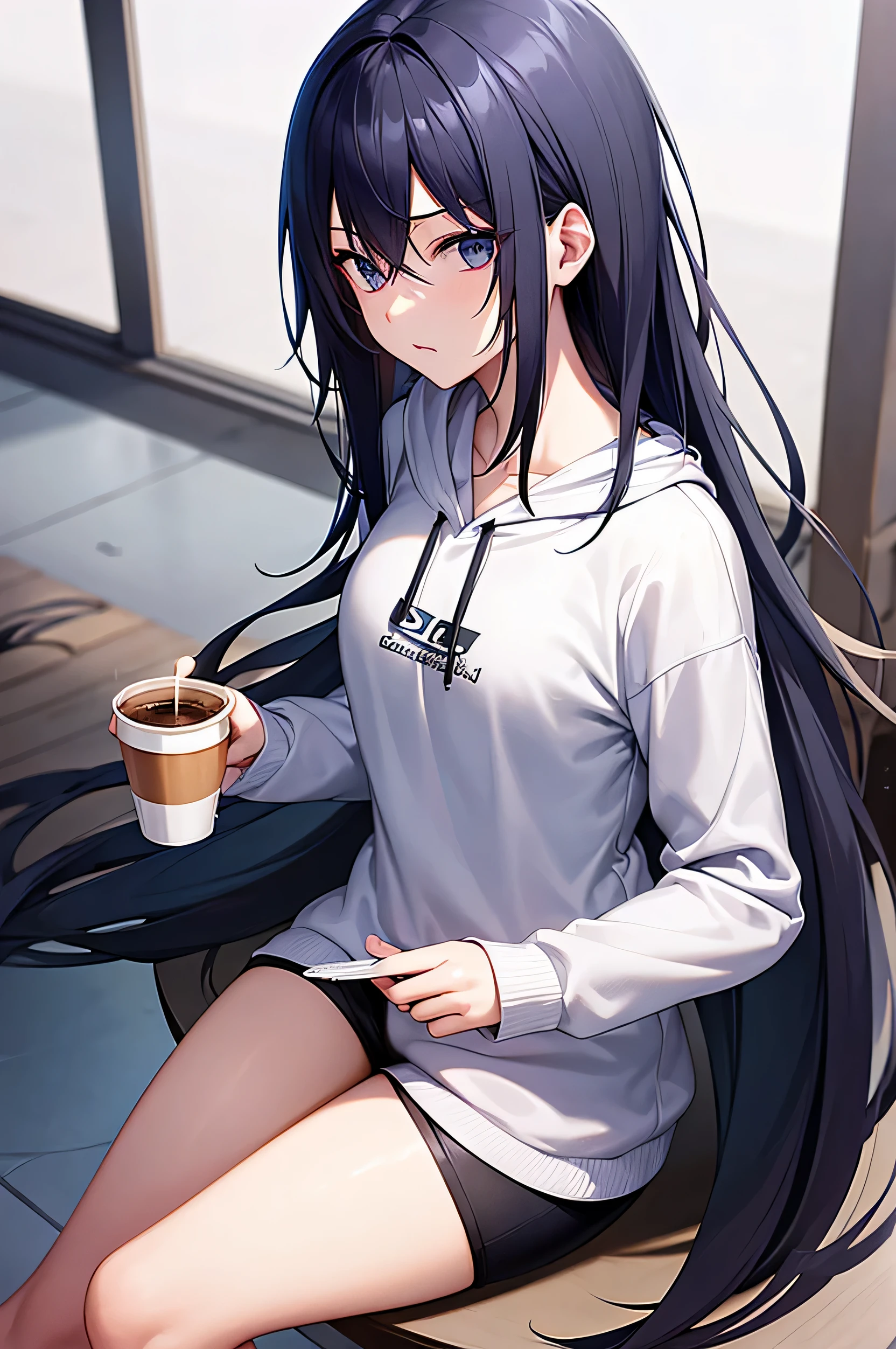 Handsome slim girl with long black and blue hair. sharp eyes. wearing a long hoodie and athletic shorts.drinking a cup of coffee