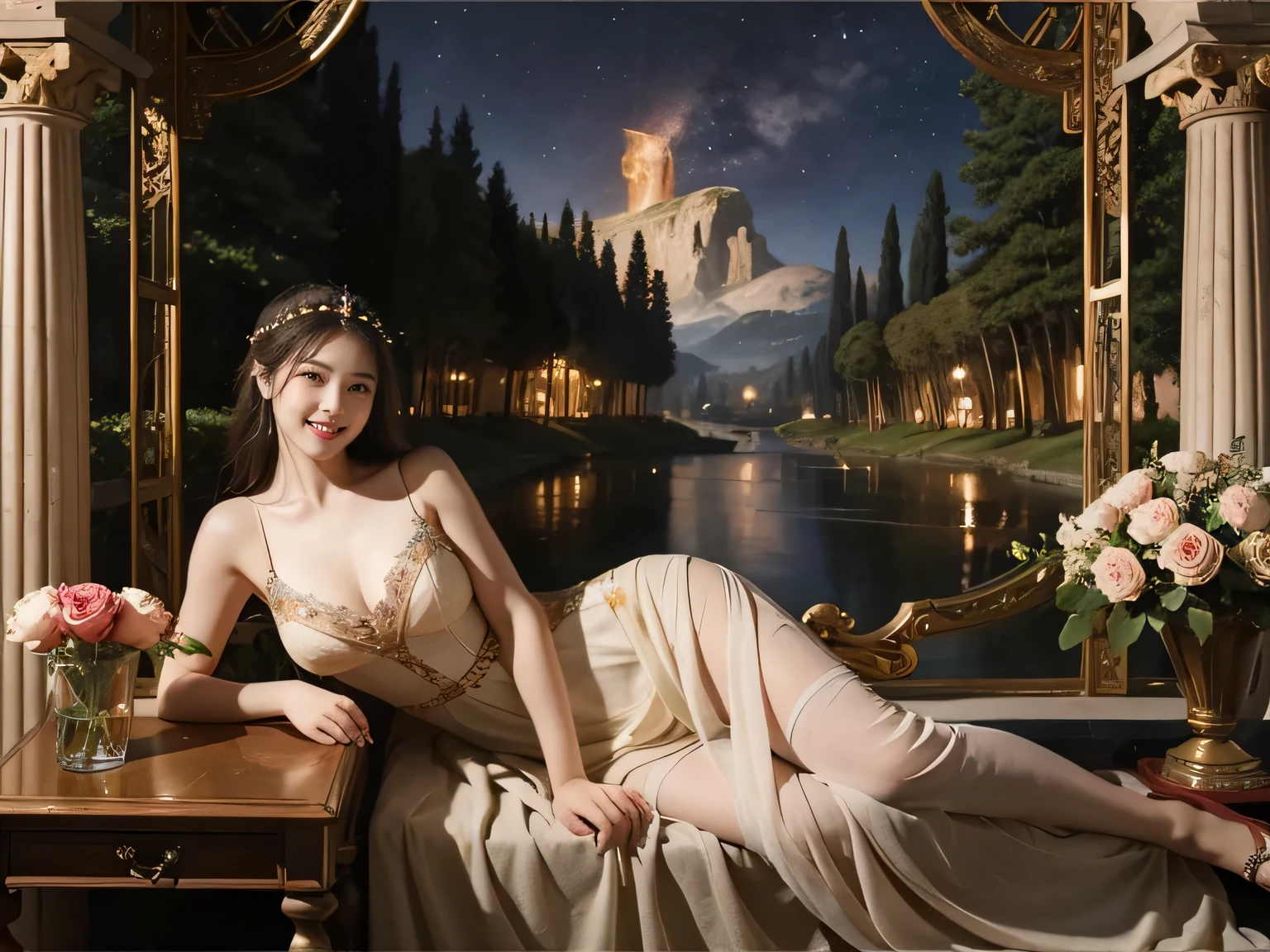 Giorgione painting style,Arguments of two female Philosophe,math、astronomical machine、astronaut、roses in vase、fruits、Cute trinkets、smile、ancient greek costume、Background is a forest lake at night 、Clothes that stretch your shoulders、A big smile、beautiful bare skin、A detailed representation of the seducing woman throughout her body.