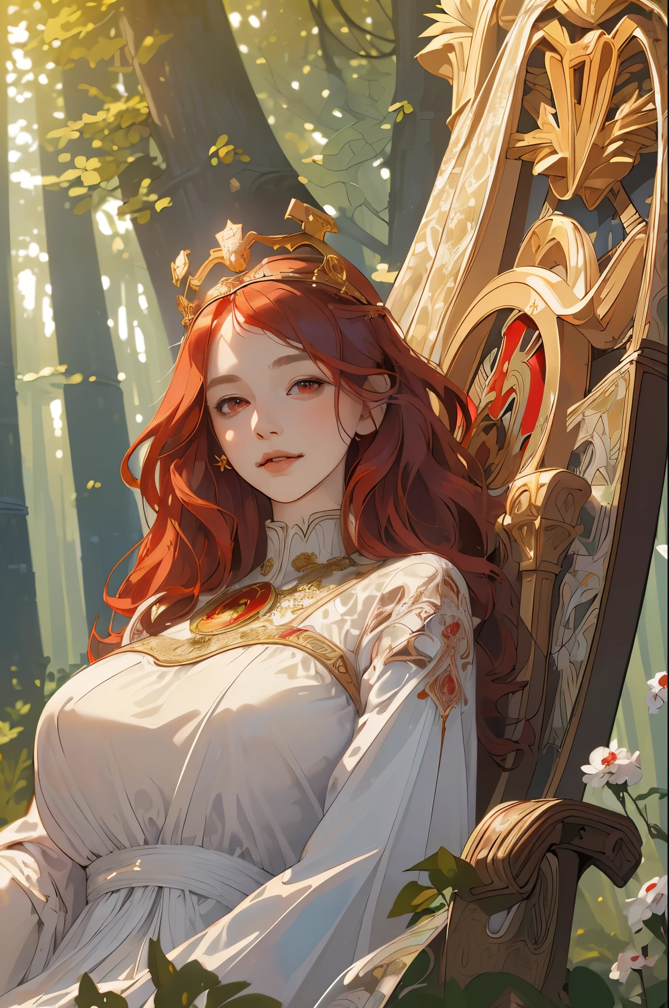 (masterpiece, highest quality), 1 girl, alone, (Queen:1.15), red hair, long hair, curtain, white dress, queen dress, aurora, (sunlight, null, river, forest), No expression, red eyes, (art nouveau:1.2), Alphonse Mucha, tiara, (face focus, Upper body), (red throne:1.12), very intricate details, realistic light, smile