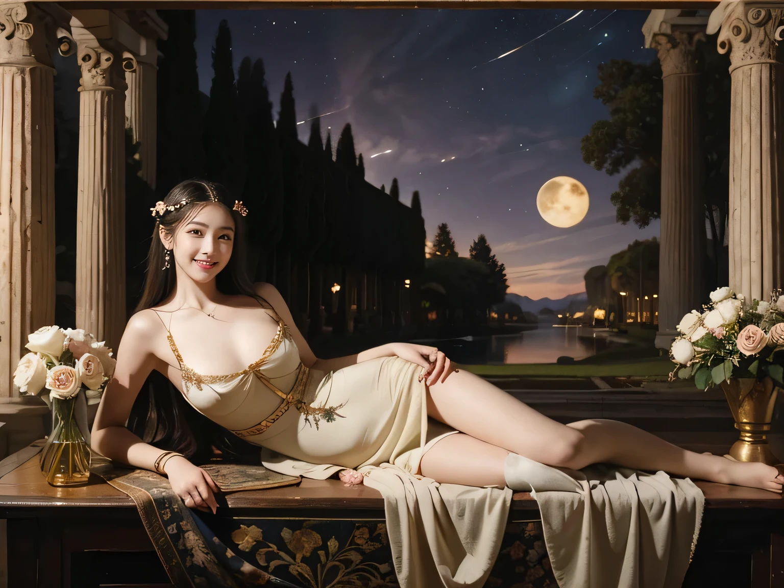 Giorgione painting style,Arguments of two female Philosophe,math、astronomical machine、astronaut、roses in vase、fruits、Cute trinkets、smile、ancient greek costume、Background is a forest lake at night 、Clothes that stretch your shoulders、A big smile、beautiful bare skin、A detailed representation of the seducing woman throughout her body.