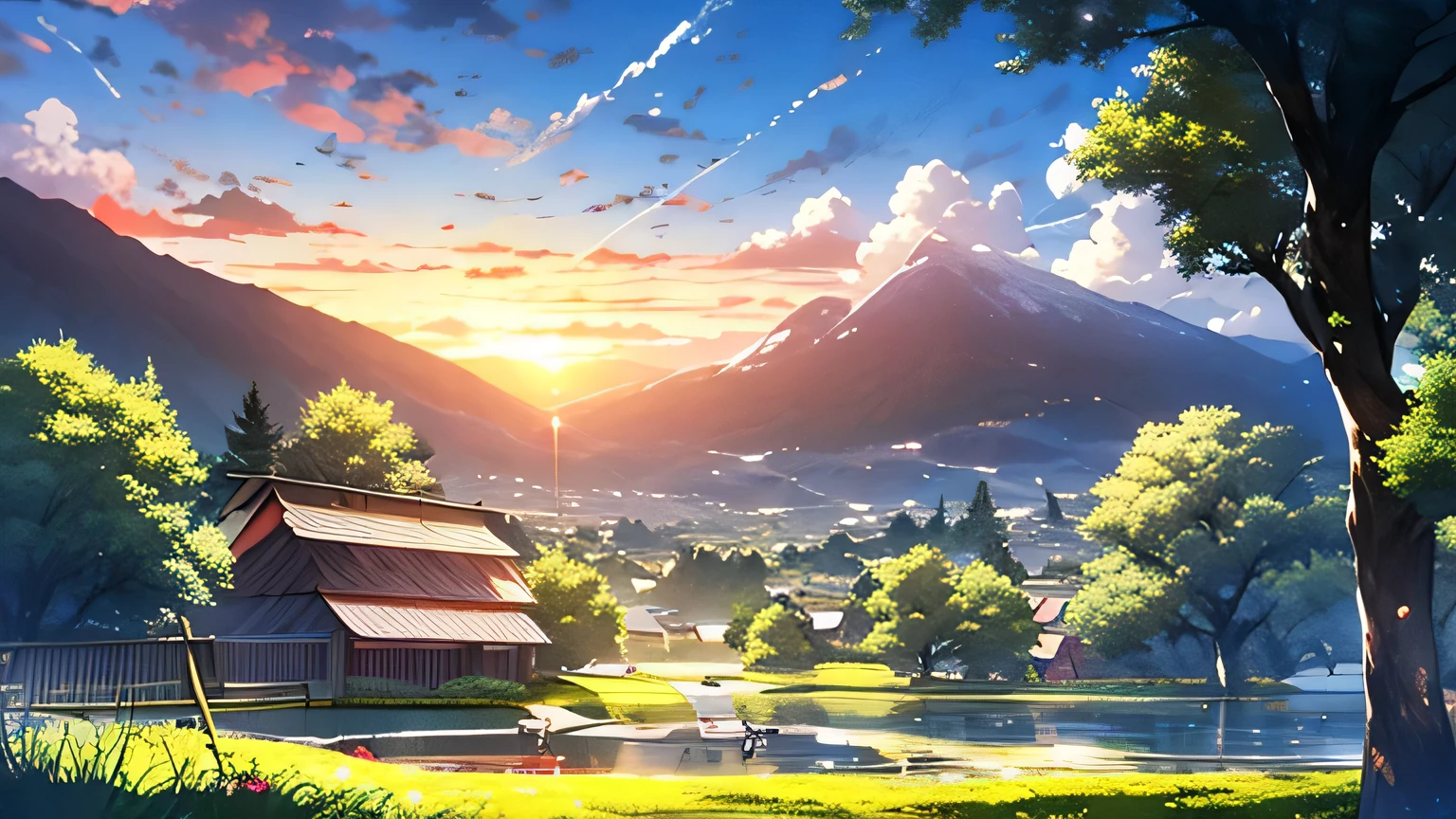 anime style landscape, Hayao Miyazaki, best quality, shining, shining,landscape, no humans, Sky, cloud, Outdoor sports, Sunset, Cherry tree