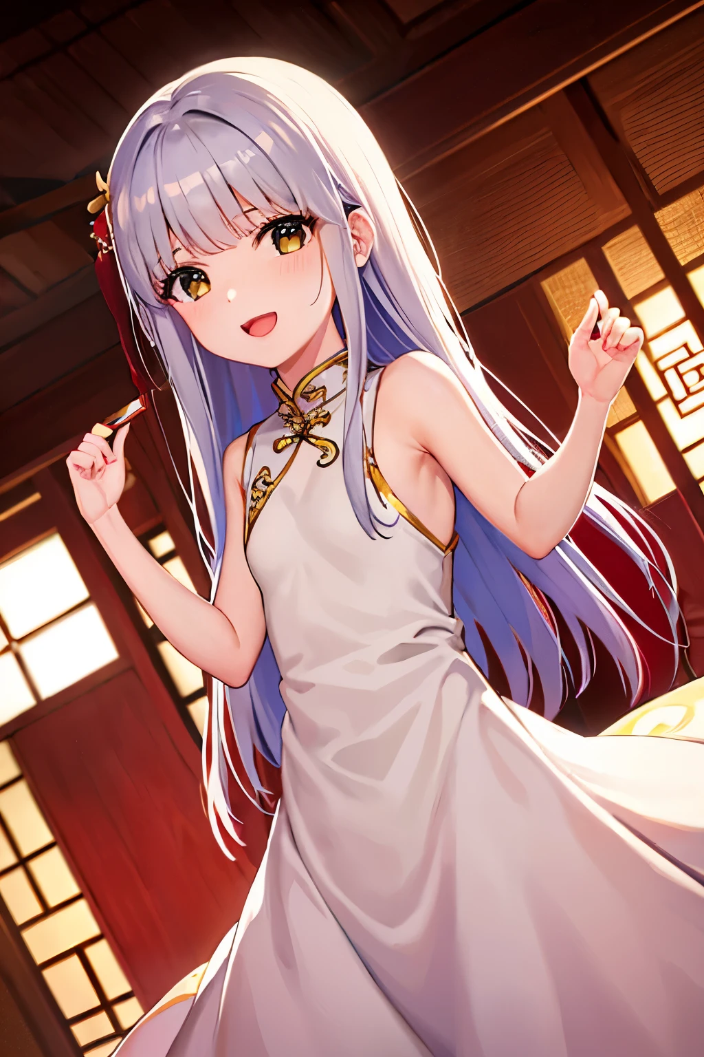 Cabello largo plateado, ojos verdes, headband, chinese dress, qipao, red clothes, small breast, sonrisa, happy, muslos hermosos, inside house