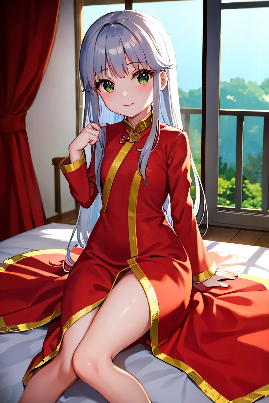 Cabello largo plateado, ojos verdes, headband,  chinese dress, qipao, red clothes, small breast, sonrisa, happy, muslos hermosos, inside house
