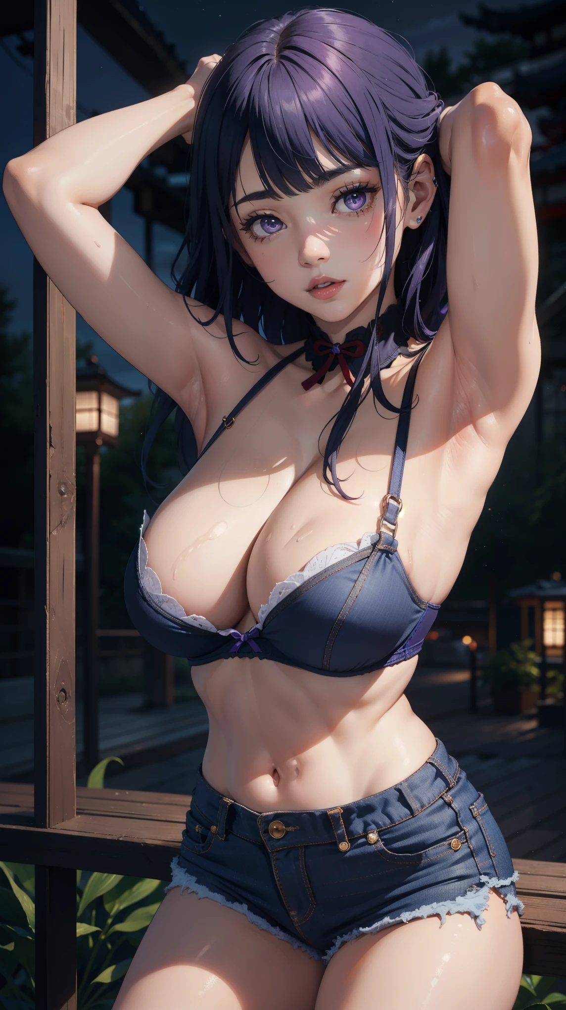 Masterpiece, high quality, 8k, ultra detail, 1 girl, ((raidenshogunrnd)), blush, standing, (large breast), cleavage, (micro bra:1.3), ((night)), off shoulders, (shorts jeans), ((armpits poses))