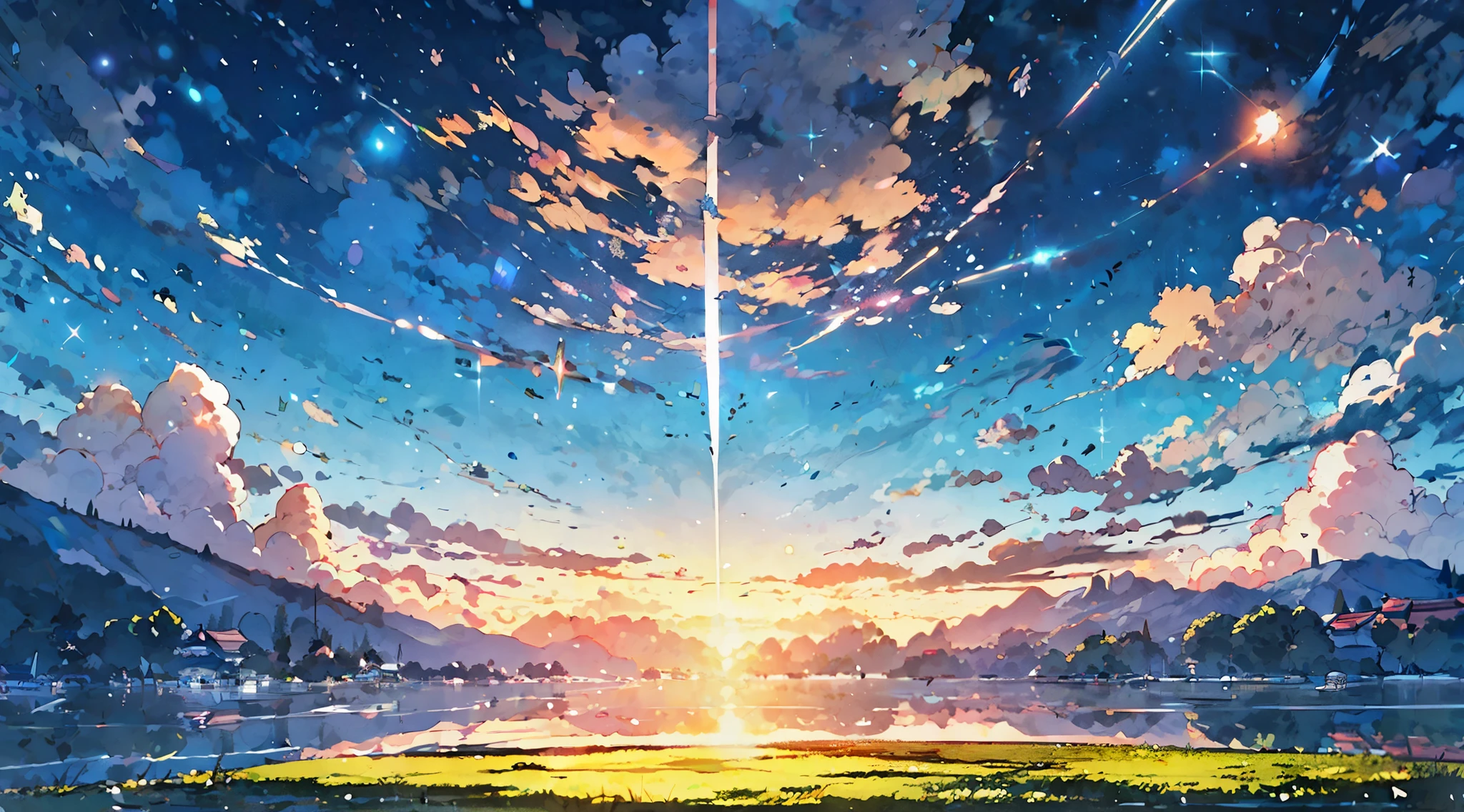 Cherry blossoms,anime style landscape, Hayao Miyazaki, best quality, shiny, Shiny,landscape, no humans, Sky, cloud, Outdoor sports, Sunset, 
