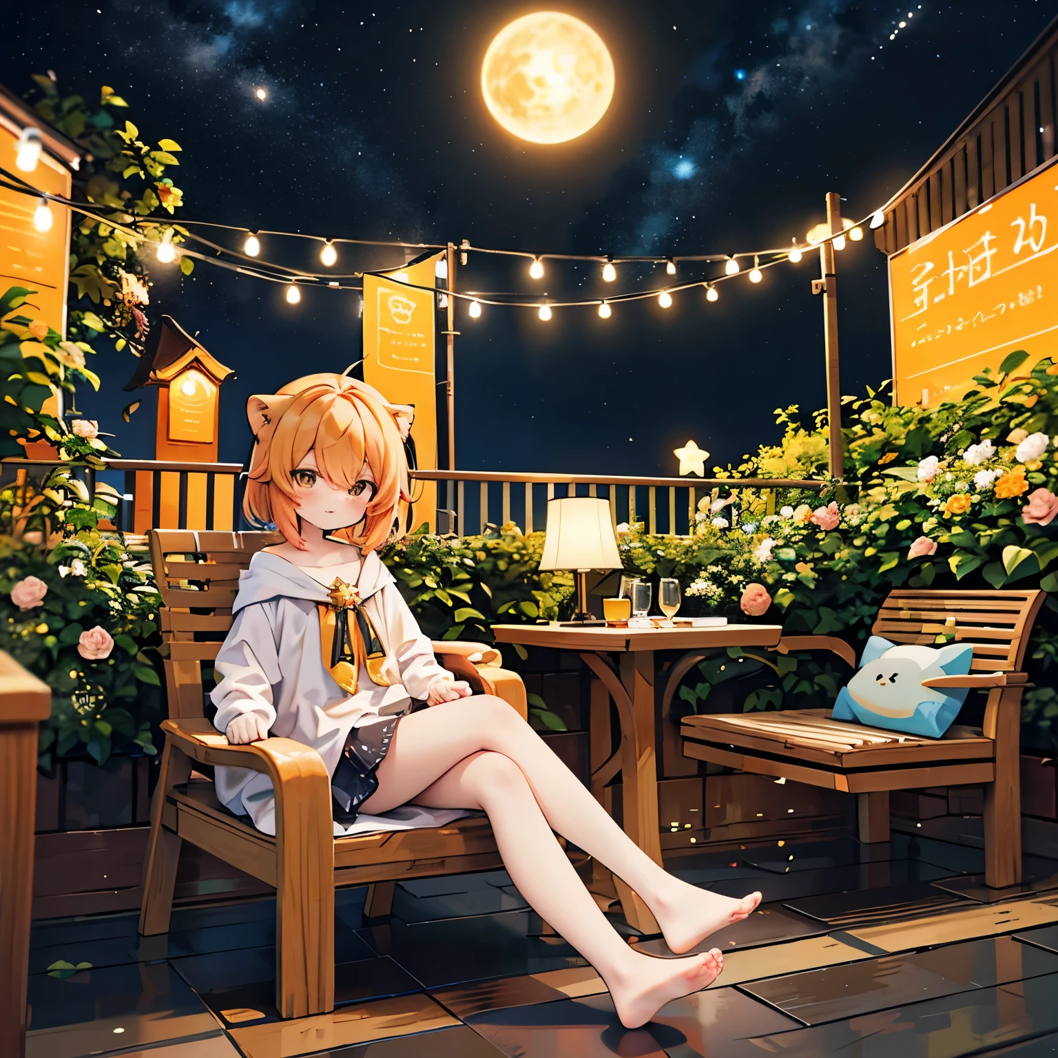 12 constellations、Leo、sense of presence、tolerance、-like playfulness、like the sun、Cheerful character、hall々、chatting、Terrace seats、rest one's chin on one's chin、speak、Main character、energetic、cross your legs、lion's tail、lion's ears、Star brooch、Orange, yellow and pure red image、orange hair、wavy hair、short hair、jewel eyes、Wind、smile、night sky、meteor、cool composition