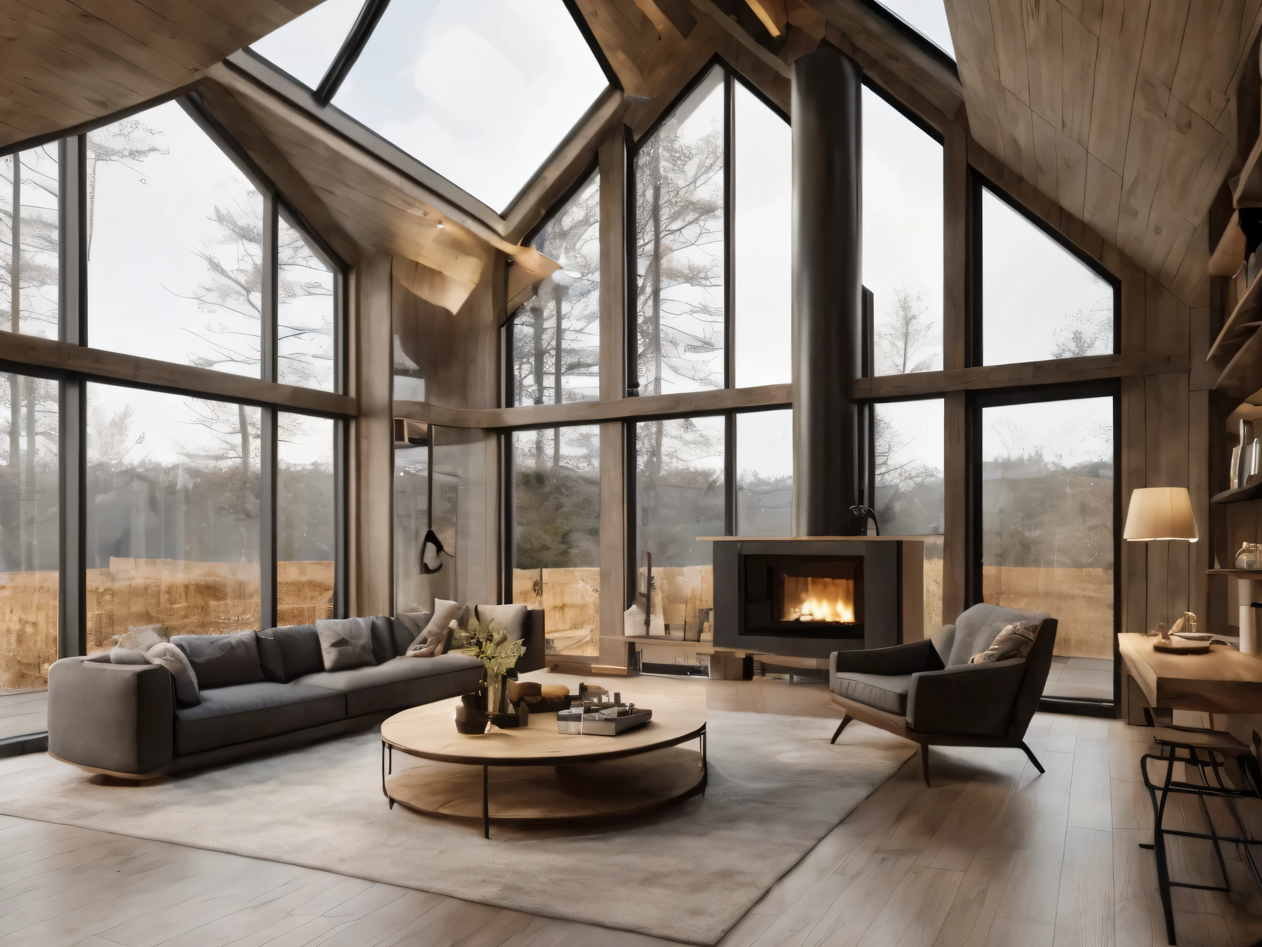 arafed living room with a fireplace and a large window, ceiling to floor windows, warm interior, modern house in the wood, archviz, modern rustic, floor - to - ceiling windows, warm interiors, architectural visualization, floor to ceiling window, large glass ceilings, cozy contemporary living room, large glass windows, minimalistic house in the wood, tall ceilings
