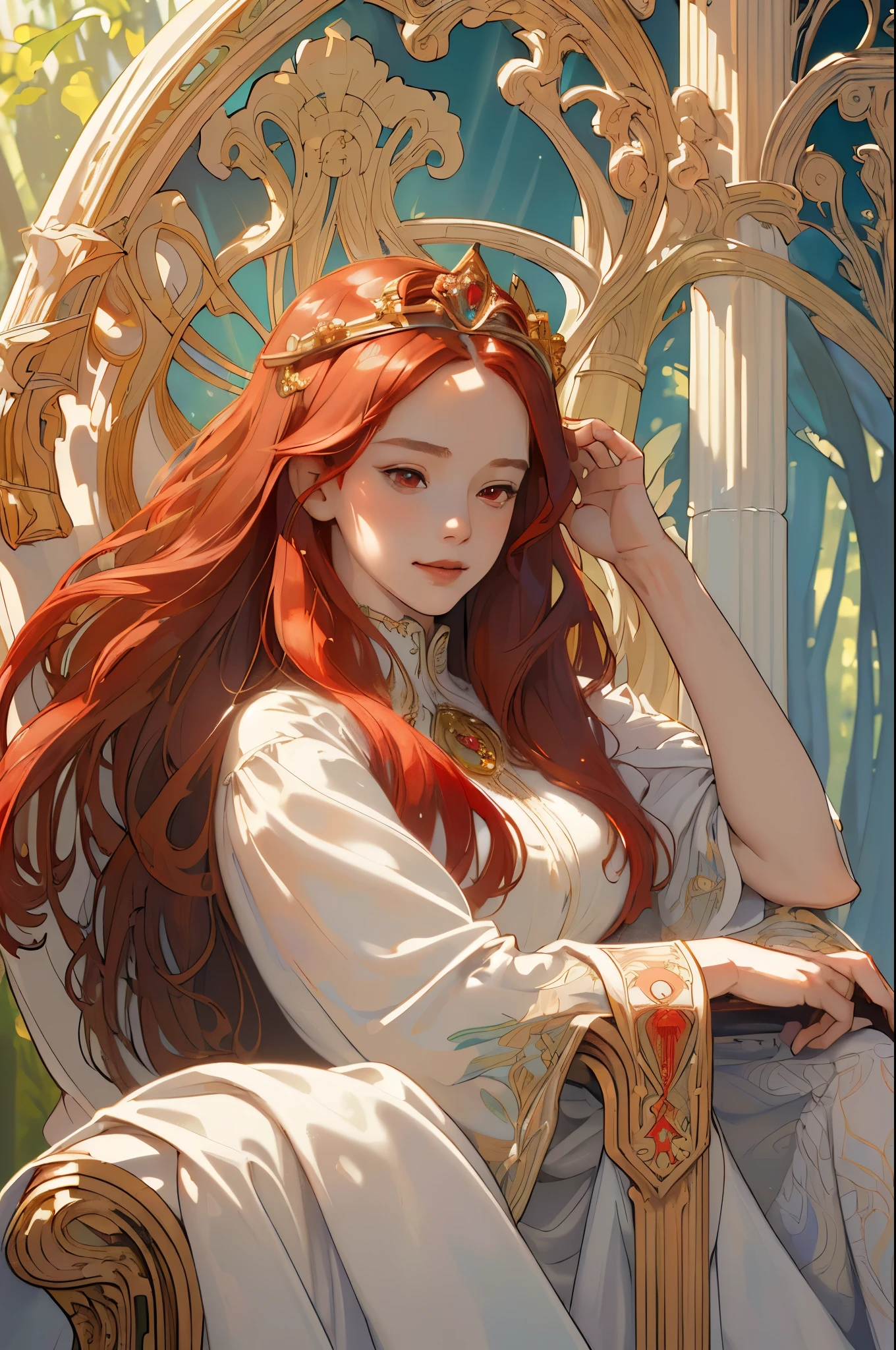 (masterpiece, highest quality), 1 girl, alone, (Queen:1.15), red hair, long hair, curtain, white dress, queen dress, aurora, (sunlight, null, river, forest), No expression, red eyes, (art nouveau:1.2), Alphonse Mucha, tiara, (face focus, Upper body), (red throne:1.12), very intricate details, realistic light, smile