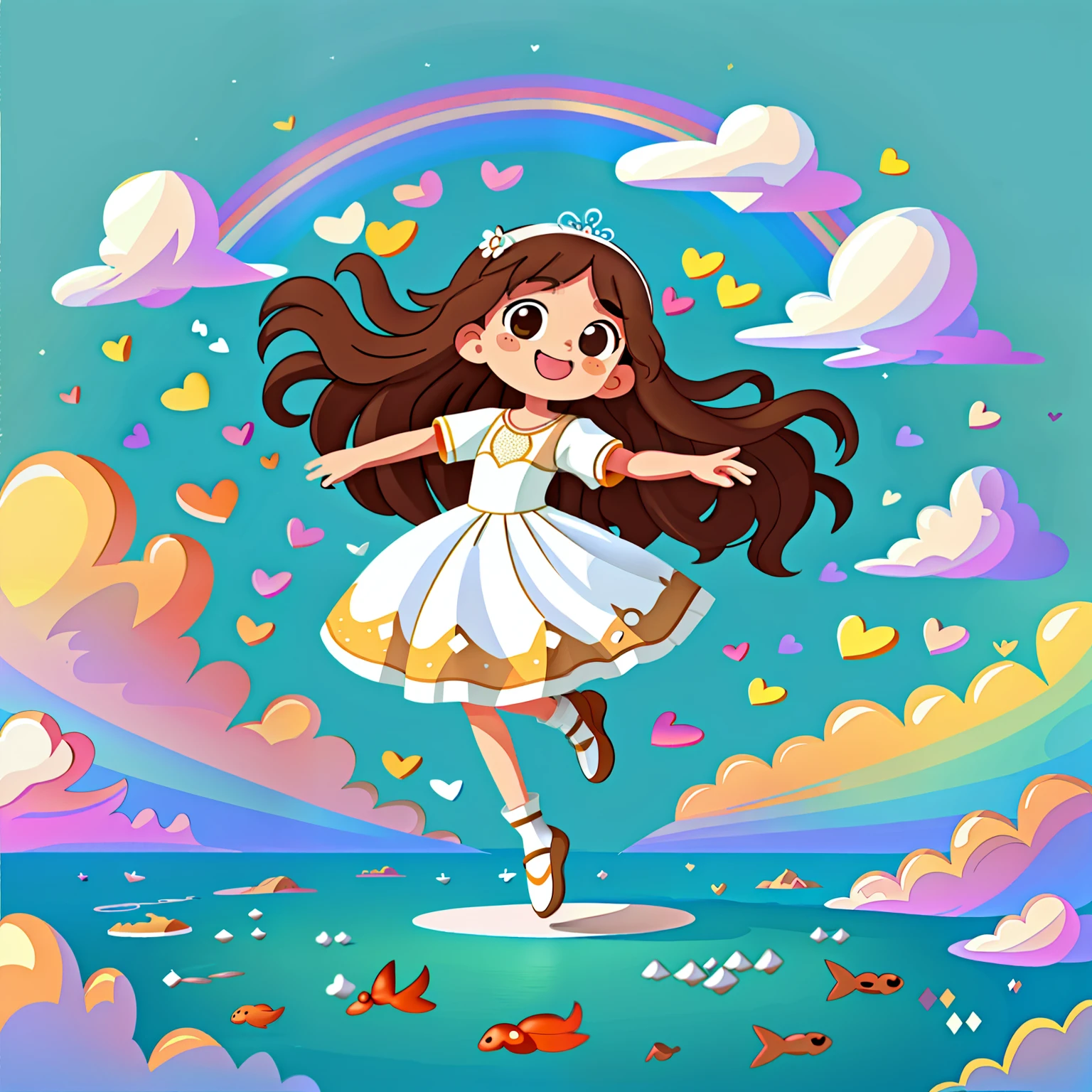 Girl with long brown hair,Put on a white wedding dress,in the sea of clouds,rainbow,Dance(with love)happy,surrounded by love,surrounded by love,O sign,vector,line art,design,inspiration,straight line,RHAD