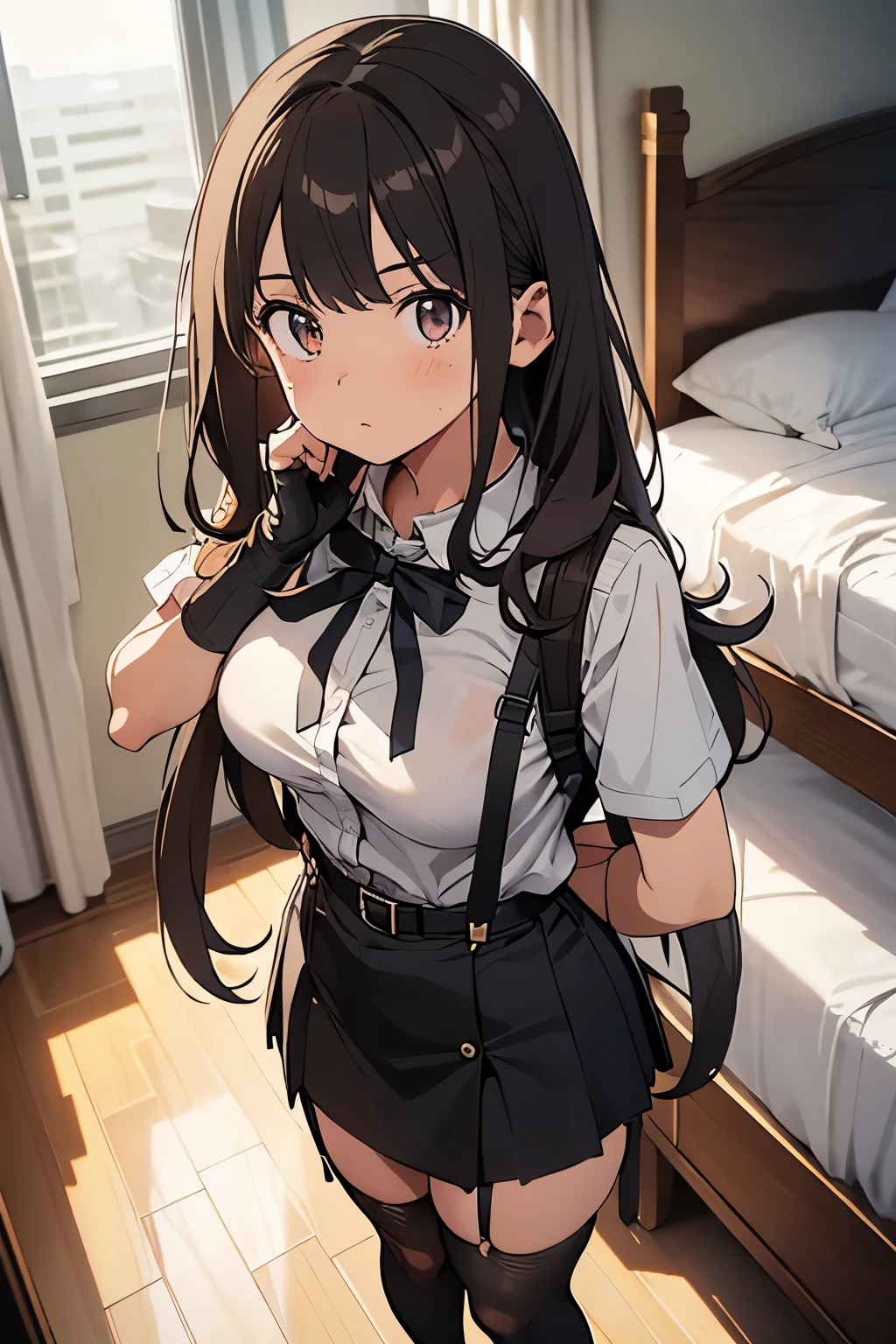 brown hair、looking at the viewer suspenders big swollen breasts black mini skirt garter belt knee high socks Aerial perspective small face bangs Beauty hands up sideways view black boots provocation one person cutter shirt hands behind put your hands behind your back Hands behind your back With your hands behind your back armed holster Belt Garter Bell Black Gloves with Holes A Hotel Room Bed wall side