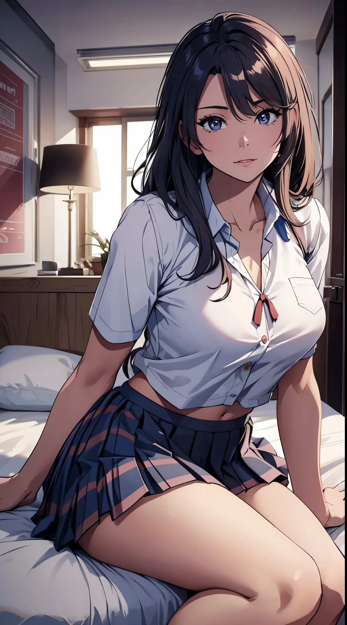 (NSFW:1.2), Clear images with great touch, (((school uniform、Don't put shirt in skirt、Short check pleated skirt that shows pants、Sky blue underwear:1.3))), beautiful thighs,tanned brown skin, Purple hair, On the bed,8 heads and bodies, Slim and soft body with few muscles, clear appearance,((mature women who want sex:1.3))) , Ideal face and body size with natural proportions, realistic, beautiful pink lips, highest quality, Super detailed, Bedroom,