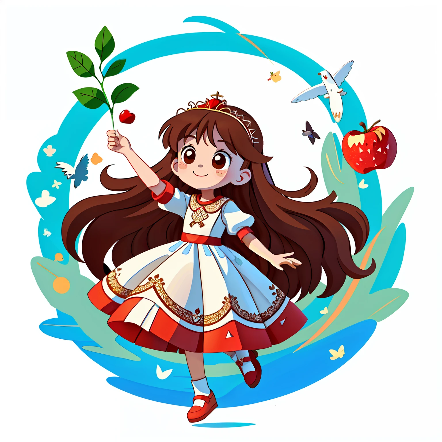 Girl with long brown hair，Put on a white wedding dress，bride，（holding red apple），（plant），flying in space and time（in flight)（time Tunnel），（with love）happy，surrounded by love，surrounded by love，O sign，vector，line art，design，inspiration，straight line，RHAD