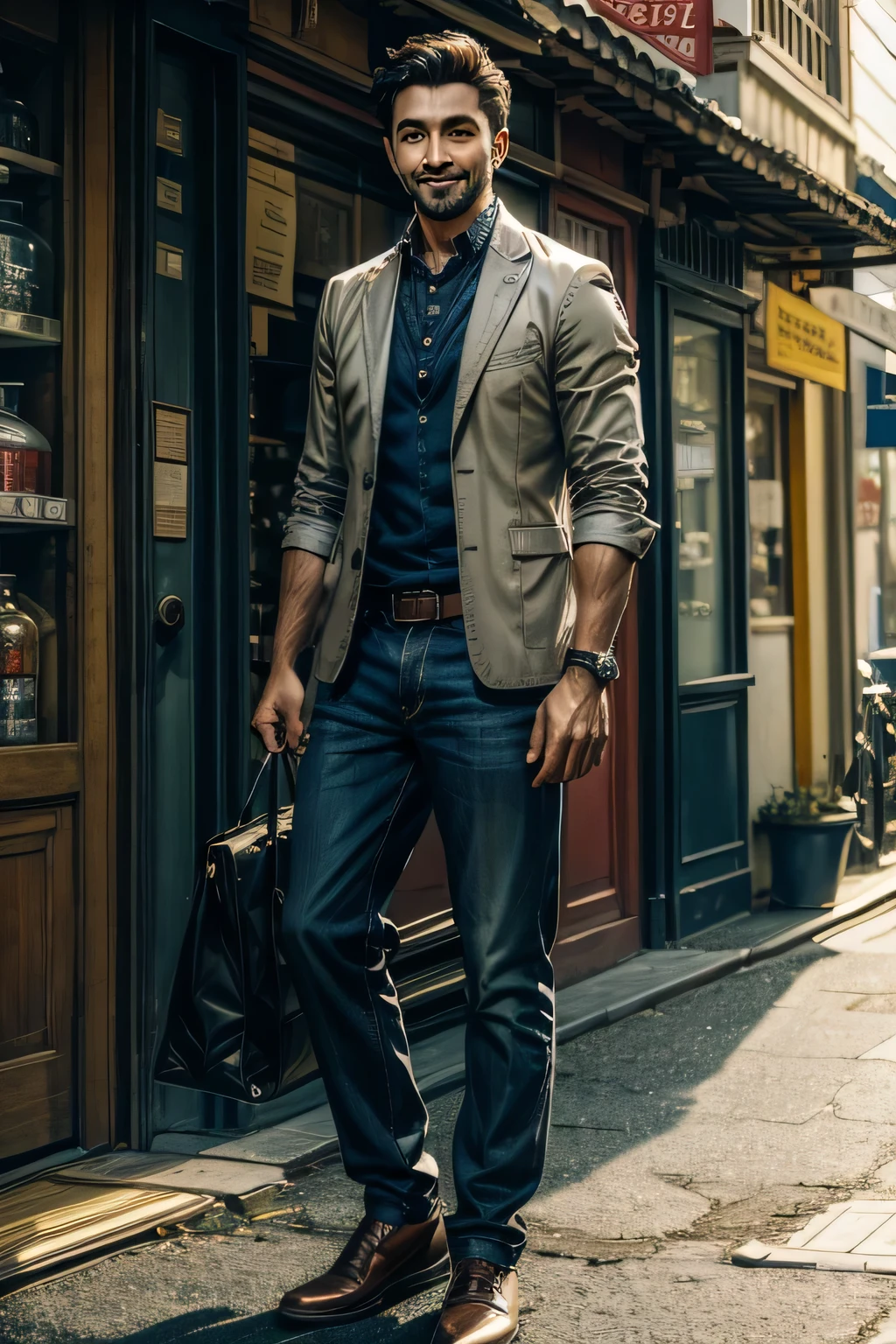 a man, standing, feeling happy