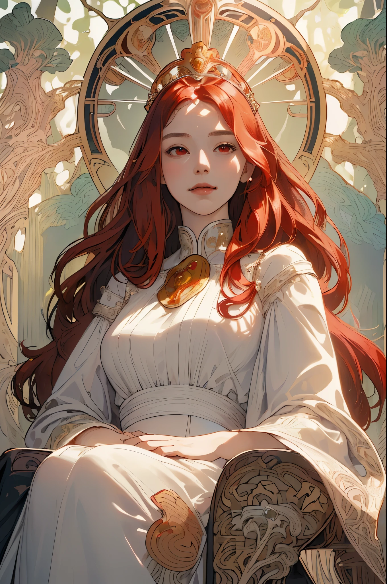 (masterpiece, highest quality), 1 girl, alone, (Queen:1.15), red hair, long hair, curtain, white dress, queen dress, aurora, (sunlight, null, river, forest), No expression, red eyes, (art nouveau:1.2), Alphonse Mucha, tiara, (face focus, Upper body), (red throne:1.12), very intricate details, realistic light, smile