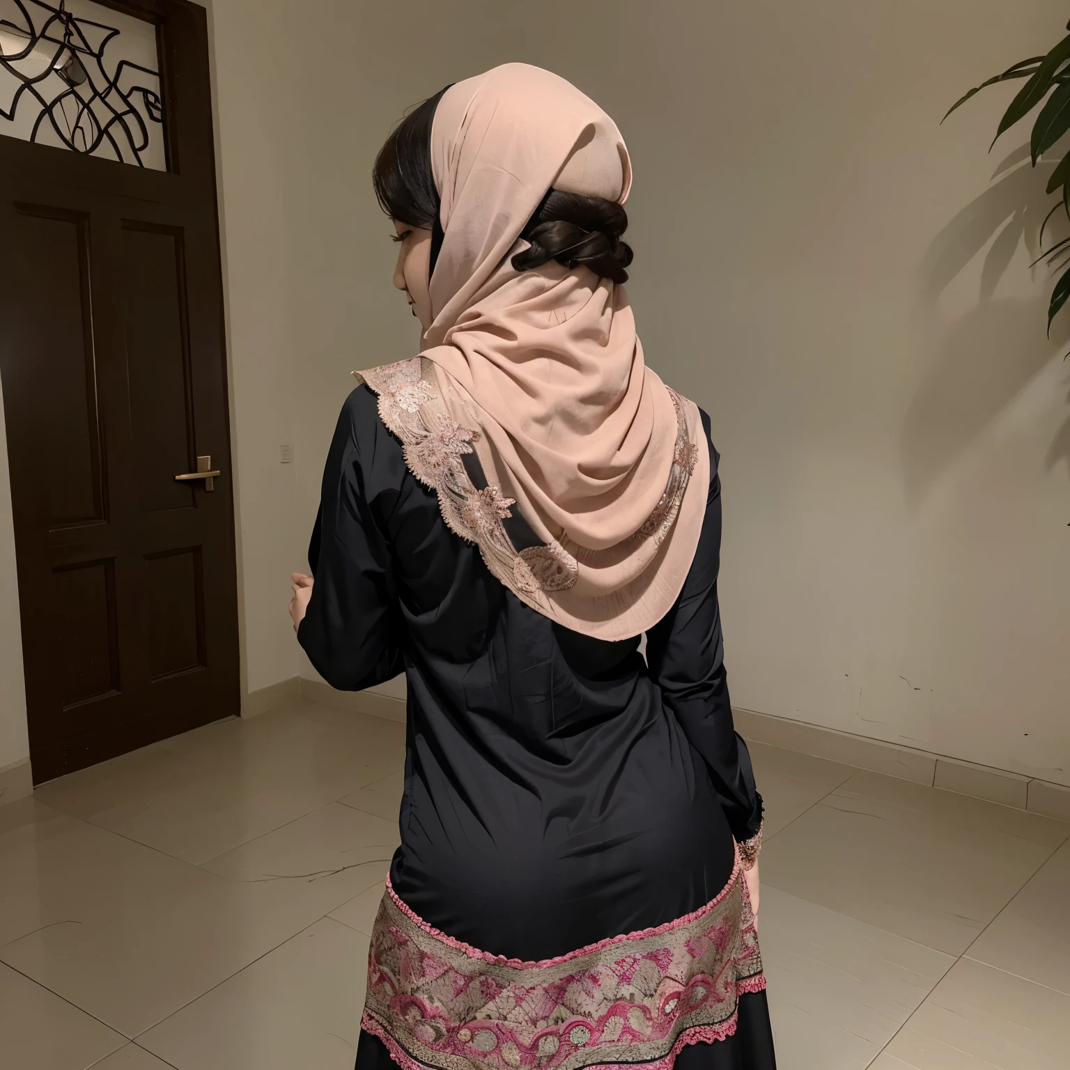 Gambar seorang laki-laki sedang memeluk seorang gadis sambil berdiri,laki laki tatanan rambut rapi memakai kemeja hitam dan jam tangan, perempuan memakai kebaya hitam dan jilbab
