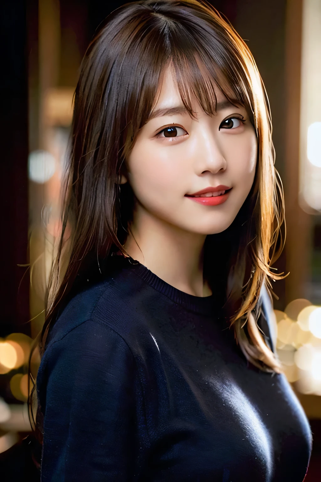 (8k, RAW photo, highest quality, masterpiece:1.2), (realistic, photo-realistic:1.37), Super detailed, ultra high resolution,1 girl,looking at the viewer,beautiful and detailed face,smile,narrow,(slim waist:1.3),shirt, beautiful and smooth skin, skin texture, floating hair,professional lighting,