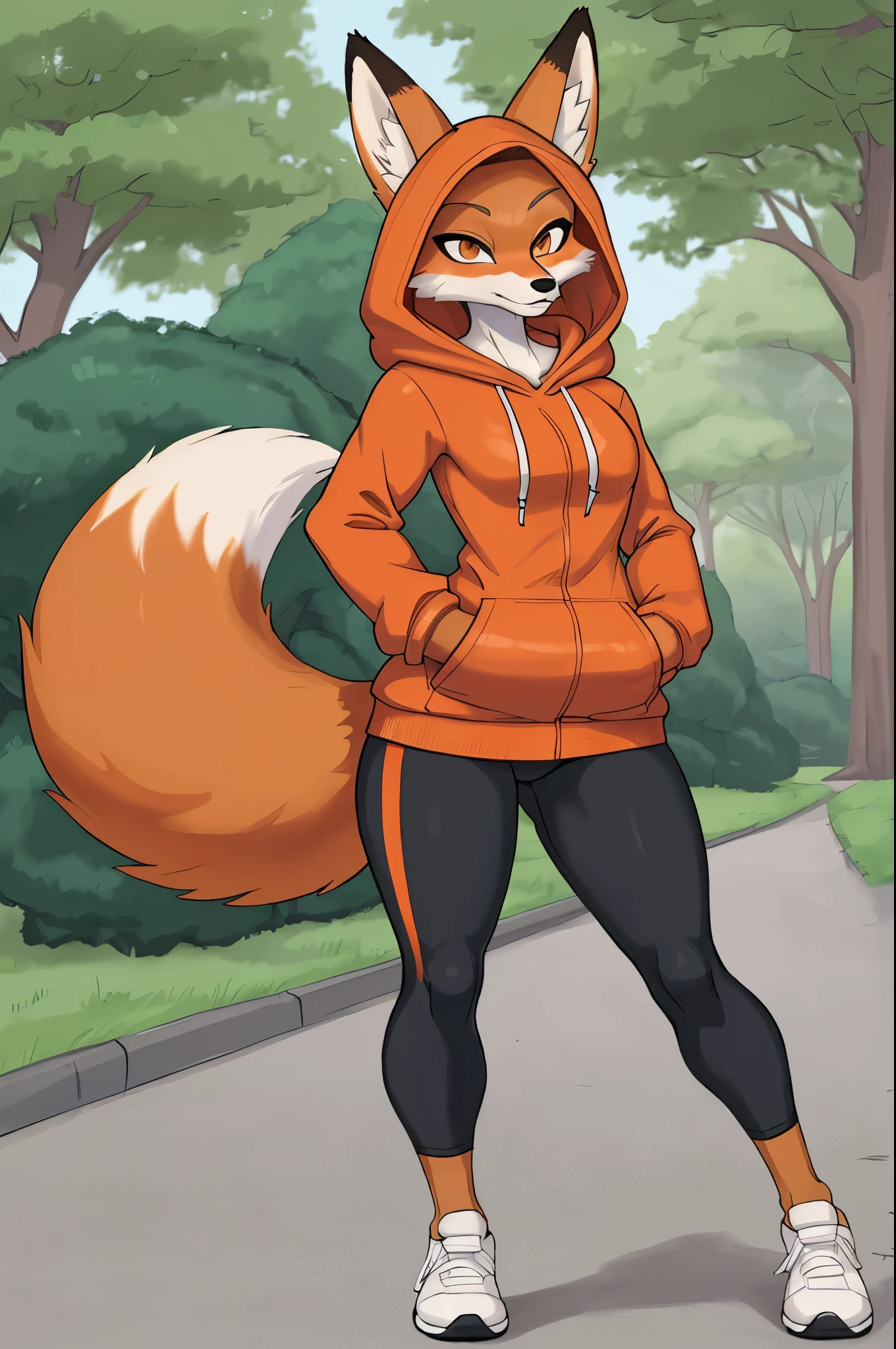 Furry,female fox,(((slender body))),god,full length,athletic body,Fox,Beautiful coat,wearing a sports hoodie,in tight leggings,standing against the backdrop of a beautiful lush park,went for a run,cartoon fox print sweatshirt