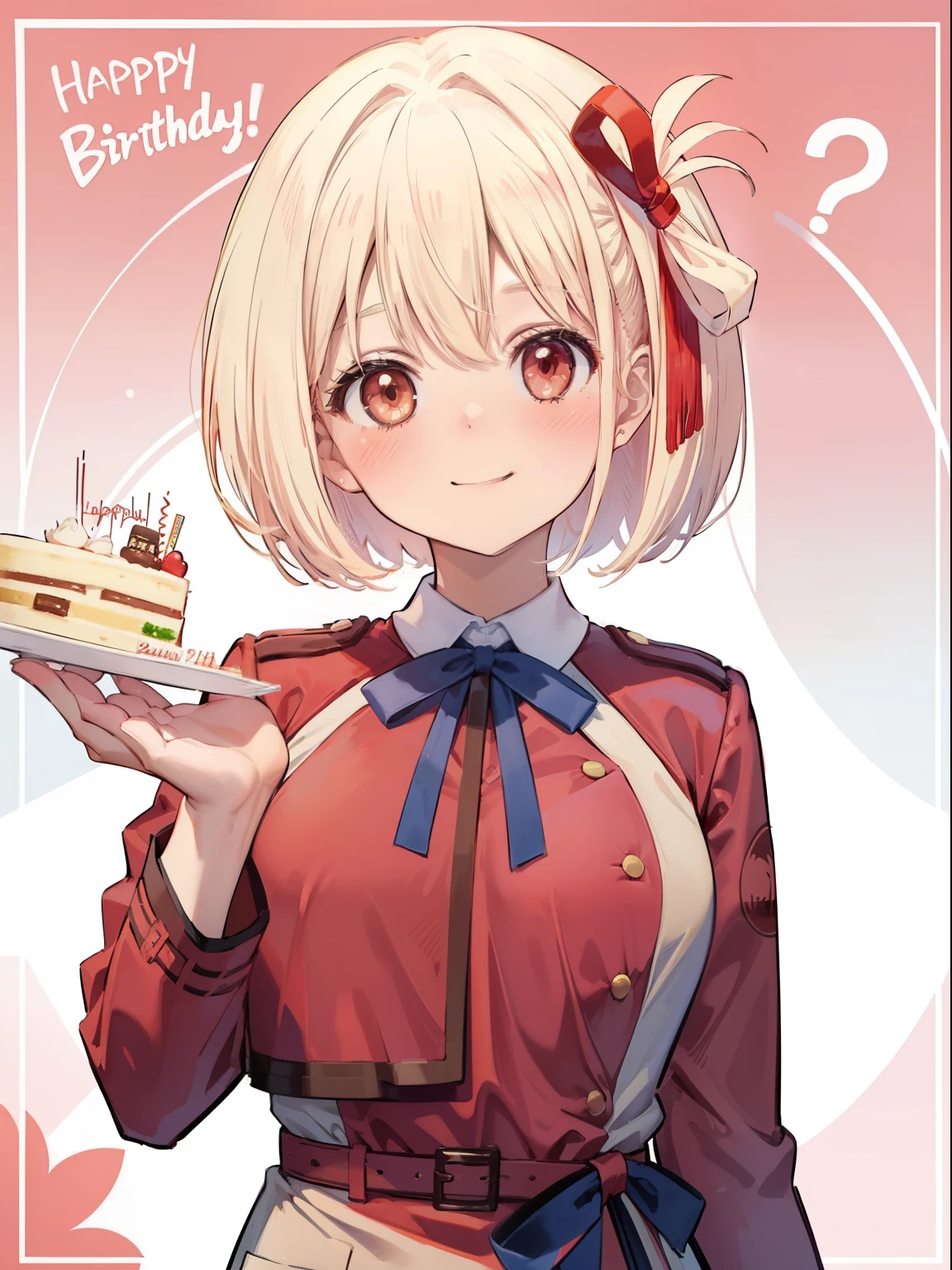 Chisato Nishikigi、Good looking girl (short blonde hair with square bangs, big red eyes, red ribbon,blush, perfect face), independent , looking at camera, masterpiece, anime art style, cute characters, most detailed, high quality、Nico Nico Smile、birthday cake、happy birthday、Wearing an apron at home