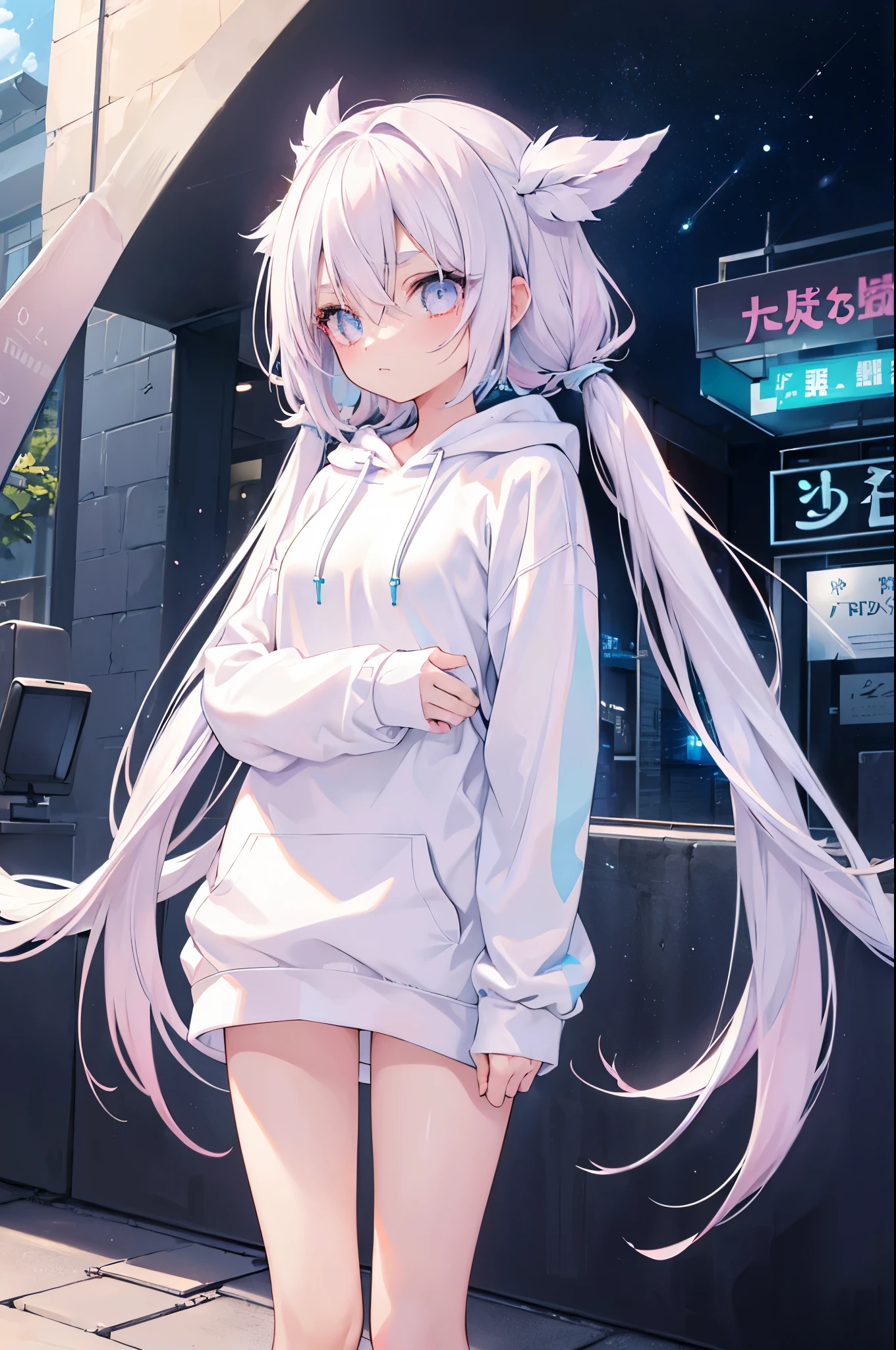 girl、thin limbs、toned body、Skin that is faintly pink in color、long hair、white hair、light blue eyebrows、Long lasheysterious ramune colored eyes、small breasts、wearing a white hoodie、Refers to 5 books、2 arms、2 legs