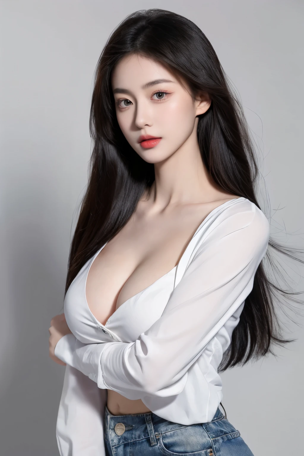 (lifelike,high resolution:1.3), A slim girl, The face shape and eyes are super delicate,black hair,red glossy lips,(beautiful face), (best quality), (Super detailed), (Extremely detailed CG unified 8k wallpaper),((shirt)),(White background),(A little cleavage),(Model photo),sexy look,big eyes,(standing),(denim skirt),Eyes look at the audience,soft breasts,very realistic breasts,Straight chest,Character centered,black hair,Model posing,