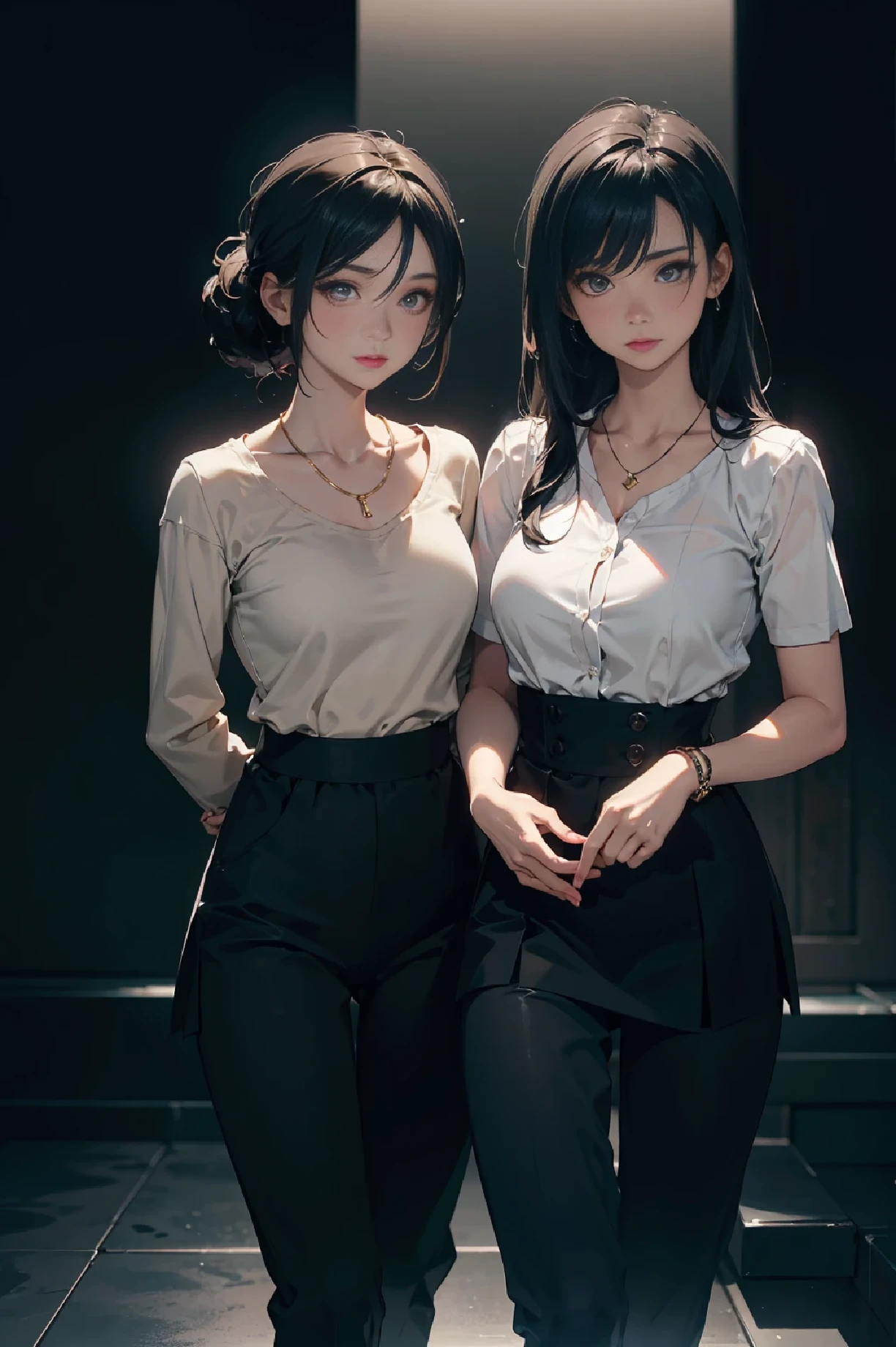 20 year old woman、black blue hair、ponytail、(high top fade:1.3)、dark theme、mute tone、calm colors、high contrast、(natural skin texture、hyper realism、soft light、sharp)、compensate, mascara, The color of the lips is muted, simple black background, minimalism, monotony, simple color palette, clean, sharp designs, flowing silhouette, tight skirt and pants, high waisted skirt and pants, simple dress, shirts and blouses, asymmetrical, geometric, Elegant and luxurious materials and design, simple, minimal accessories, Slim necklaces and rings in silver or gold, simple bangles, distinctive design, simple silhouette, simple and sophisticated style, grace, minimalism, high quality material, Cool and urban impression, high fashion, simplicity and sophistication,two ladies are having sex one another one another at some spa in the nude, multiple girls, 2 girls, nude, black hair, lily, realistic