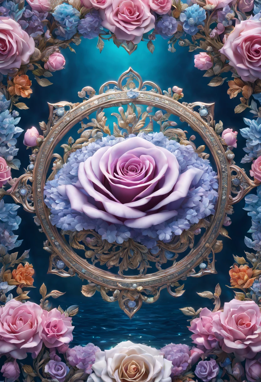 sea of flowers, aesthetic, extremely detailed complex "Shiny Diamond Filigree Rose!!!", a breathtaking epic masterpiece artwork. maximalist highly detailed and intricate professional photography, a_masterpiece, 8k resolution concept_art, Artstation, triadic colors, Unreal Engine 5, cgsociety, octane_photograph