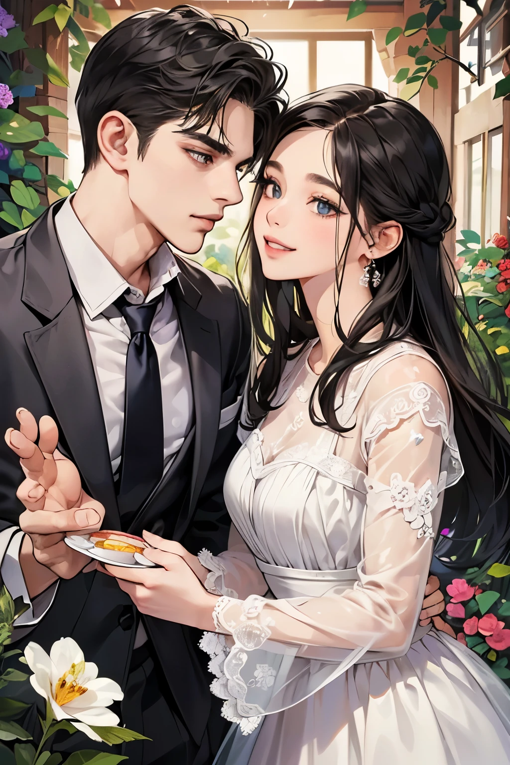 (table top, digital art, digital illustration, 4k, 8k, super detailed, beautiful images, clear image, realistic, RAW photo, perfect face, perfect lines, perfect eyes, soft lighting) ,1 female, (long black hair,straight hair,bullish look,beautiful woman,grace,Make up well,23 is a novel,:1.3),Two handsome men in suits, (human,muscular,solid shoulder width, mens,boyish hairstyle,british gentleman&#39;s style,A man in his 30s with a cool expression,28 year old man with a bright smile:1.2),Show your white teeth and smile(embarrassing,shy smile:1.1),garden full of light、squirt、resort sofa、colorful flowers、innocent smile,smile、couple kissing、kiss、the kiss、romance、Afternoon tea、lunch