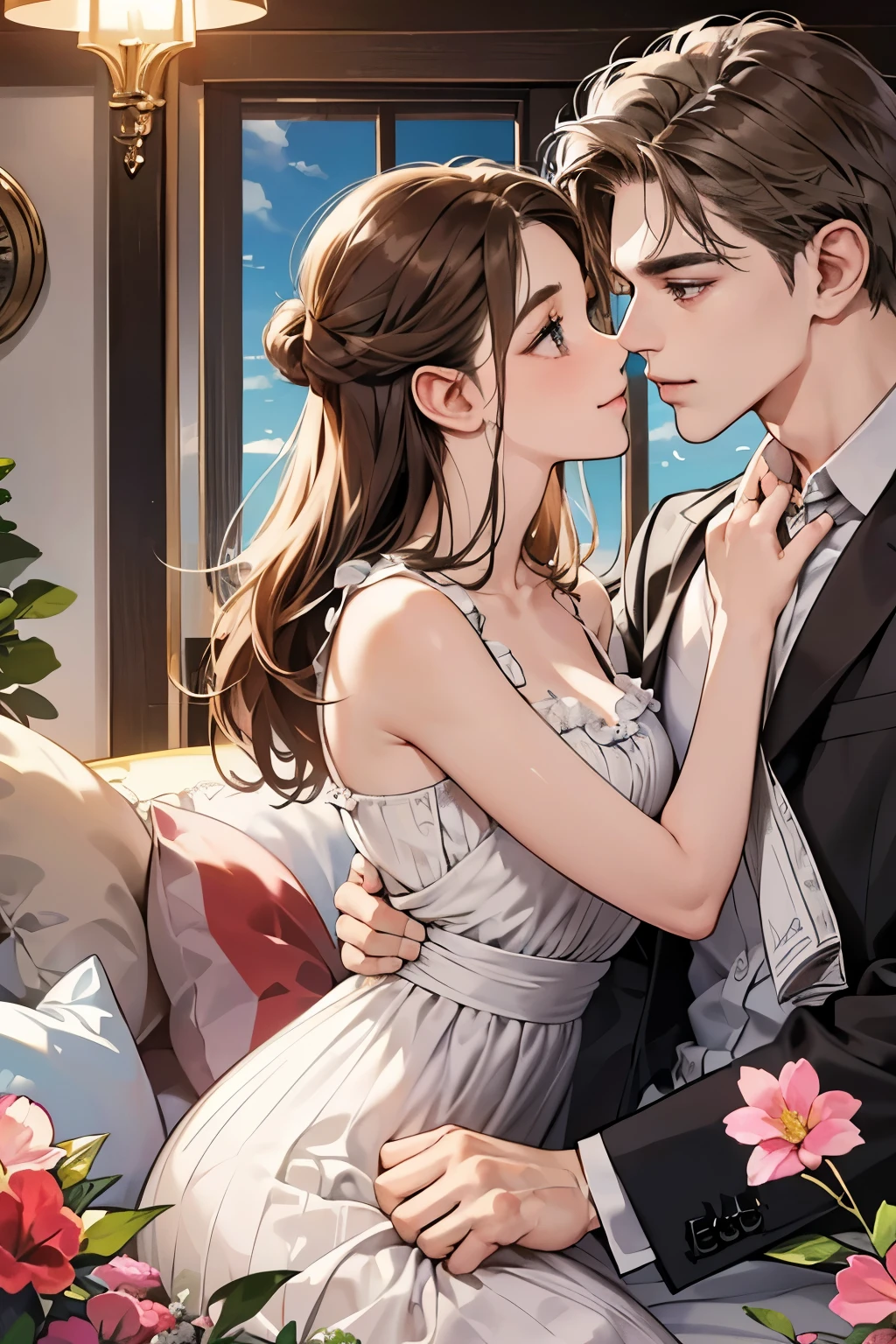 (table top, digital illustration, 4k, 8k, super detailed, beautiful images, clear image,  perfect face, perfect lines, perfect eyes, soft lighting) 1 female, (light brown hair,chignon hair,innocent look,droopy eyebrows,droopy eyes、With a round face,round chin、innocence,cute,Big eyes,natural makeup,smile gently,E cup,23 years old:1.3),Two handsome men in suits, (human,man wearing a suit,muscular,solid shoulder width,  boyish hairstyle,A man in his 30s with a cool expression,28 year old man with a bright smile:1.2),garden full of light、lots of flowers、squirt、colorful flower light,(embarrassing,shy smile:1.2),resort sofa,kiss、カップルkiss、romance porn、male and female couple looking at each other、In a fight、Afternoon tea、lunch