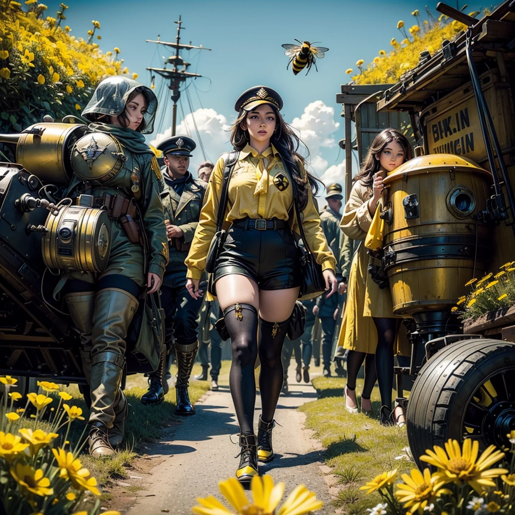 A (classic world war 2 dreadnought with a bumble bee color scheme and a sexy female crew) navigate a sea of flowers (brightly colored, many varieties