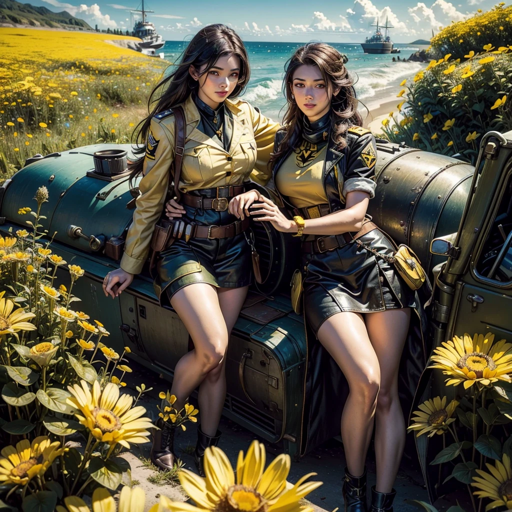 A (classic world war 2 dreadnought with a bumble bee color scheme and a sexy female crew) navigate a sea of flowers (brightly colored, many varieties