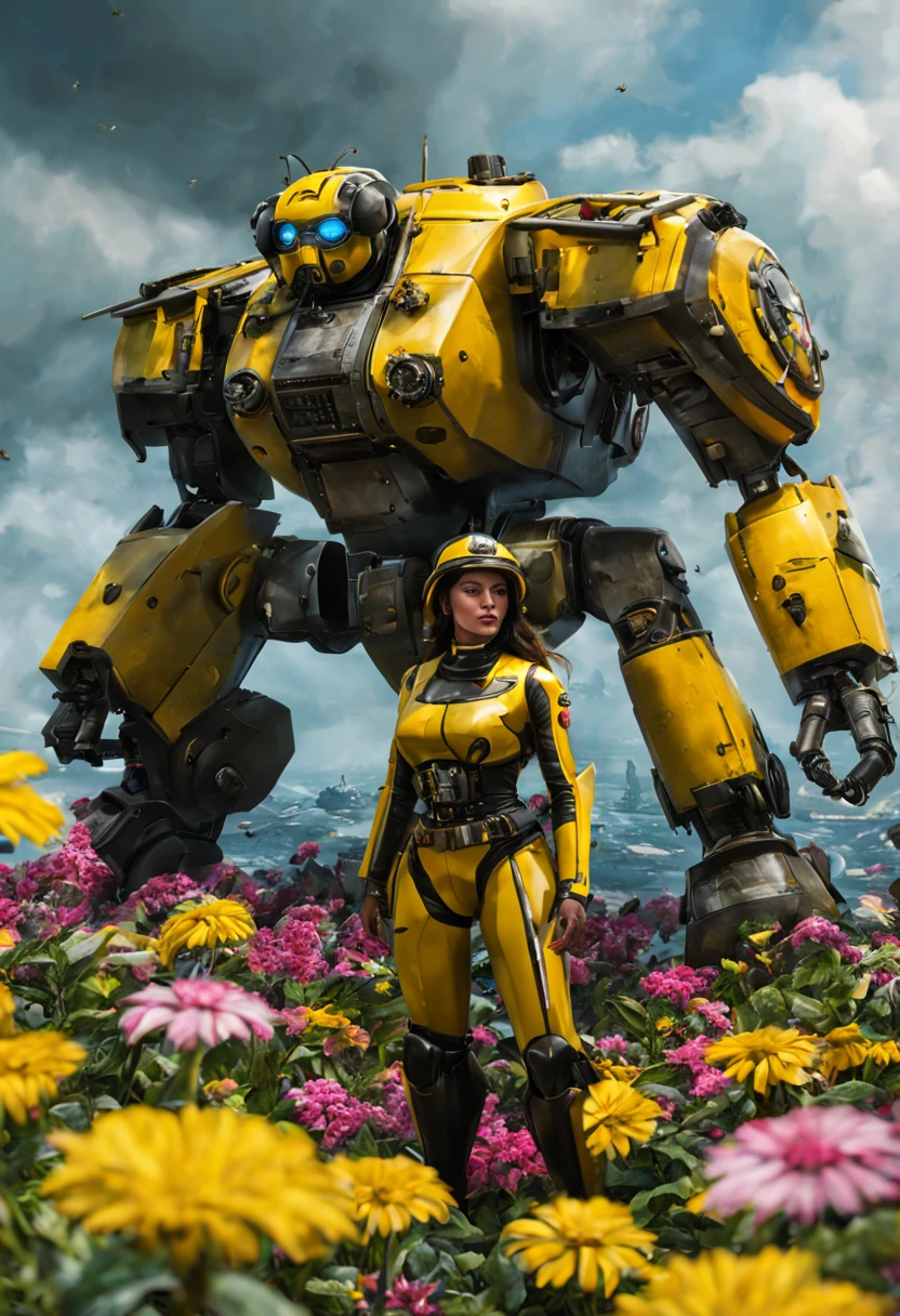 A (classic world war 2 dreadnought with a bumble bee color scheme and a sexy female crew) navigate a sea of flowers (brightly colored, many varieties