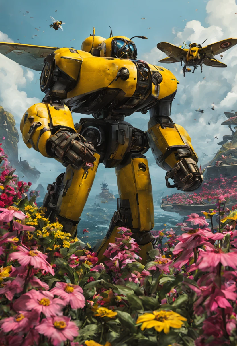 A (classic world war 2 dreadnought with a bumble bee color scheme and a sexy female crew) navigate a sea of flowers (brightly colored, many varieties