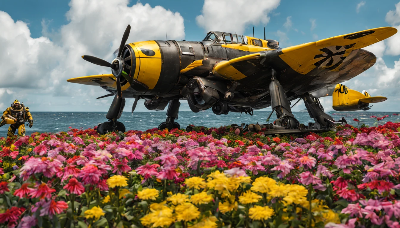A (classic world war 2 dreadnought with a bumble bee color scheme and a sexy female crew) navigate a sea of flowers (brightly colored, many varieties