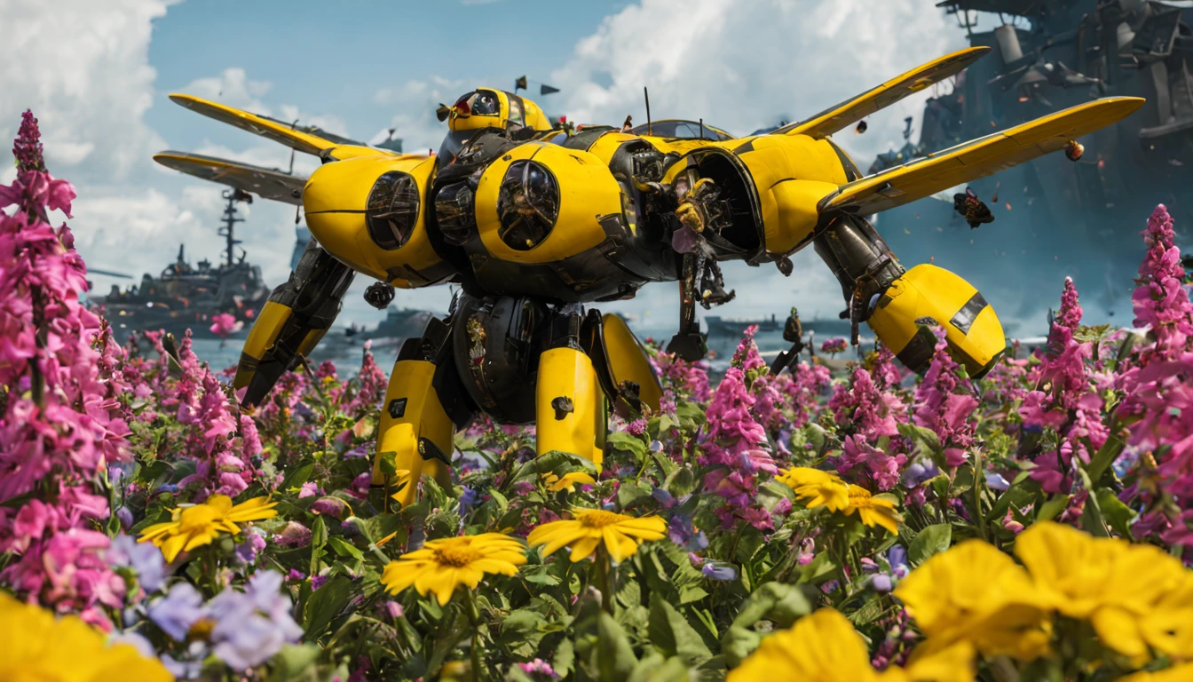 A (classic world war 2 dreadnought with a bumble bee color scheme and a sexy female crew) navigate a sea of flowers (brightly colored, many varieties