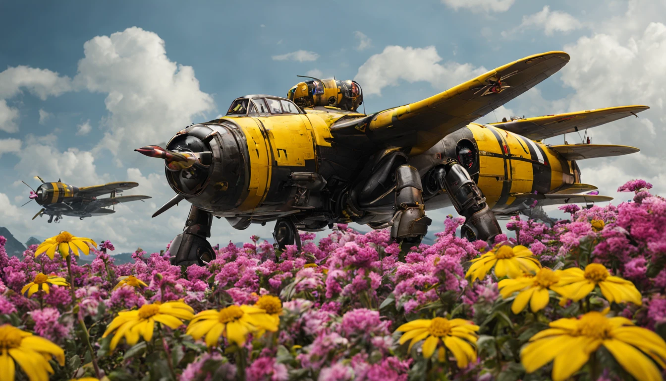 A (classic world war 2 dreadnought with a bumble bee color scheme and a sexy female crew) navigate a sea of flowers (brightly colored, many varieties