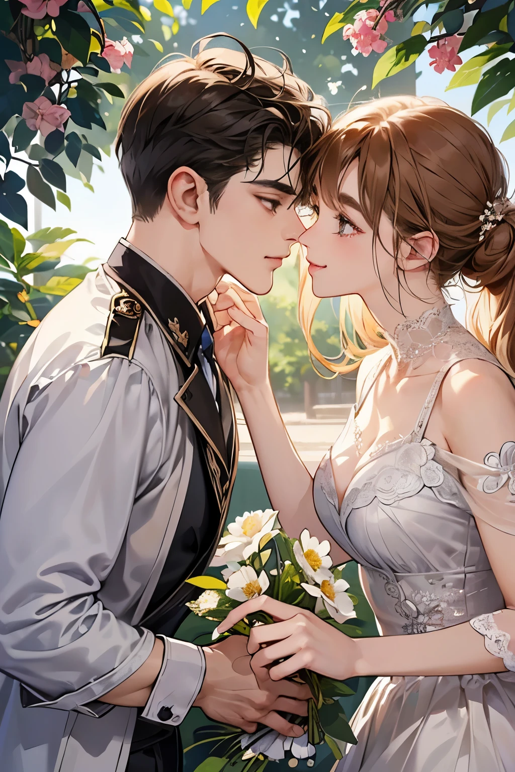(table top, digital illustration, 4k, 8k, super detailed, beautiful images, clear image, perfect face, perfect lines, perfect eyes, soft lighting) 1 female, (light brown hair,chignon hair,innocent look,droopy eyebrows,droopy eyes、With a round face,round chin、innocence,cute,Big eyes,natural makeup,smile gently,E cup,23 years old:1.3),Two handsome men in suits, (human,man wearing a suit,muscular,solid shoulder width, boyish hairstyle,A man in his 30s with a cool expression,28 year old man with a bright smile:1.2),garden full of light、lots of flowers、squirt、colorful flower light,(embarrassing,shy smile:1.2),resort sofa,kiss、カップルkiss、romance porn、male and female couple looking at each other、In a fight、Afternoon tea、lunch