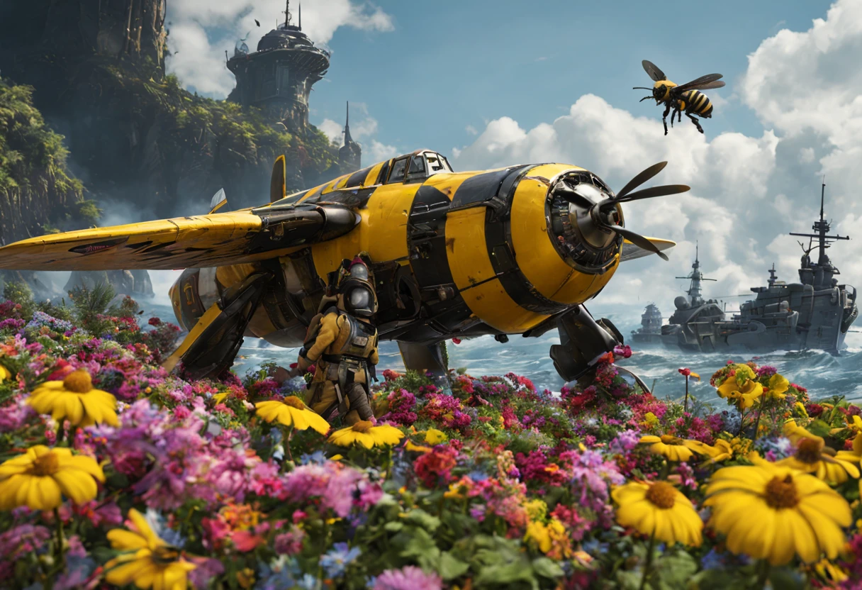 A (classic world war 2 dreadnought with a bumble bee color scheme and a sexy female crew) navigate a sea of flowers (brightly colored, many varieties