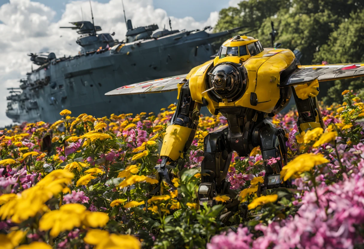 A (classic world war 2 dreadnought with a bumble bee color scheme and a sexy female crew) navigate a sea of flowers (brightly colored, many varieties