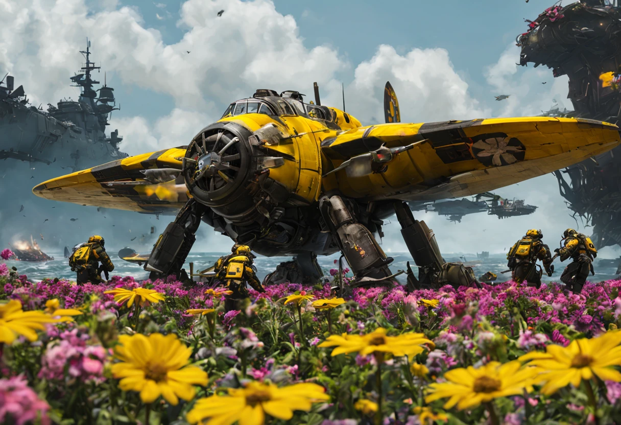 A (classic world war 2 dreadnought with a bumble bee color scheme and a sexy female crew) navigate a sea of flowers (brightly colored, many varieties