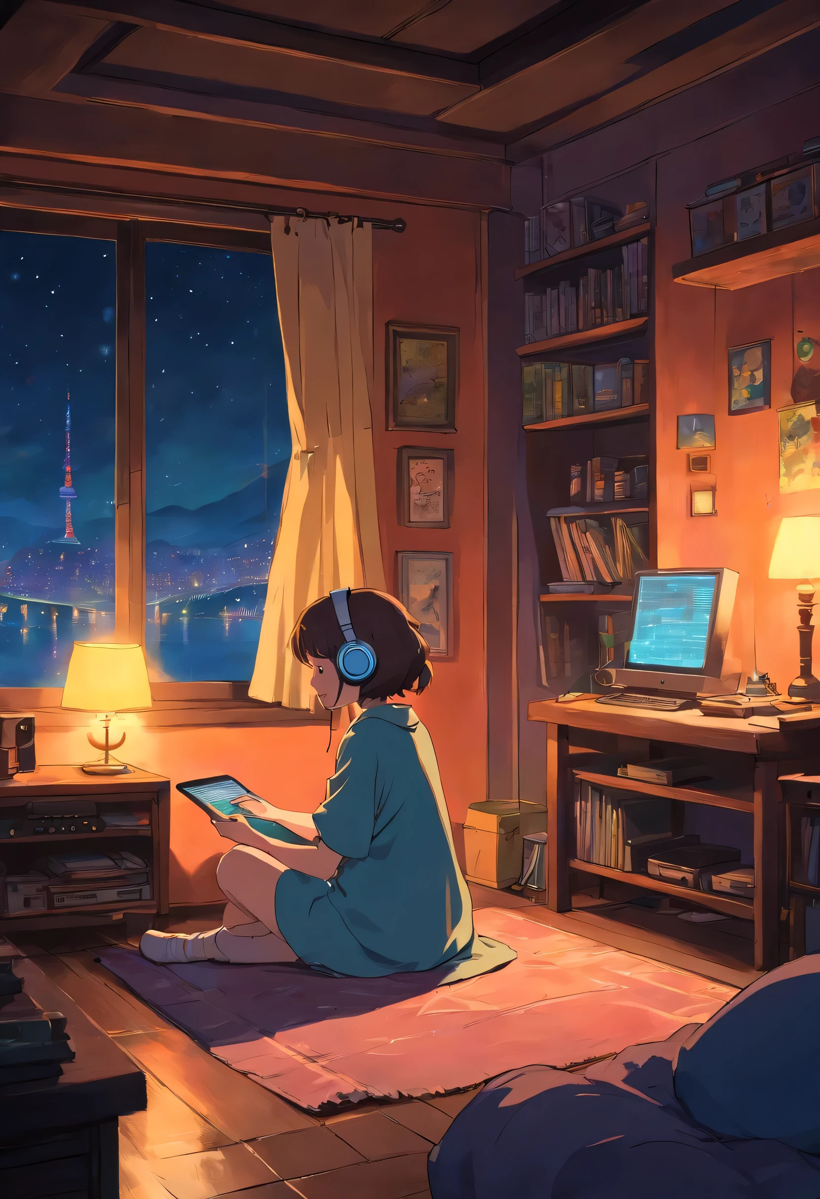 Anime girl sitting on the floor in front of a laptop - SeaArt AI