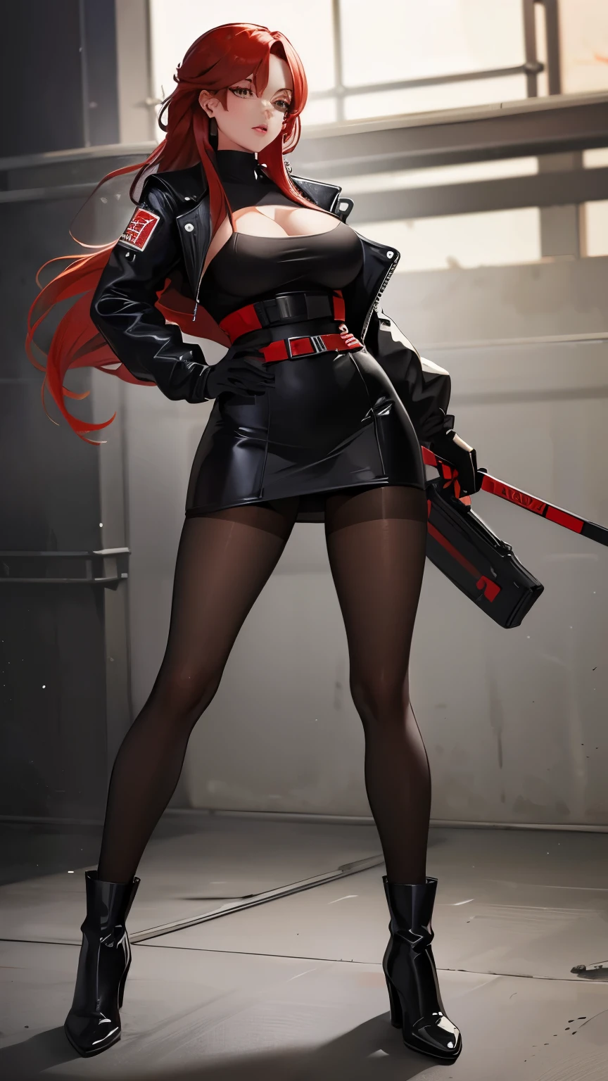 sexy,Hot,beautiful female agent,red hair,Big breasts,Low cut clothing,black pantyhose,boots