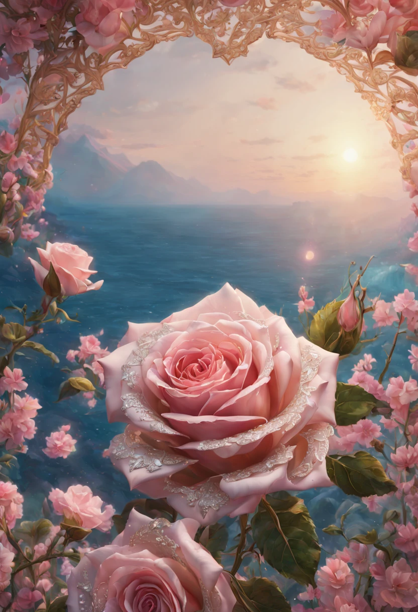 sea of flowers, aesthetic, extremely detailed complex "Shiny Diamond Filigree Rose!!!", a breathtaking epic masterpiece artwork. maximalist highly detailed and intricate professional photography, a_masterpiece, 8k resolution concept_art, Artstation, triadic colors, Unreal Engine 5, cgsociety, octane_photograph