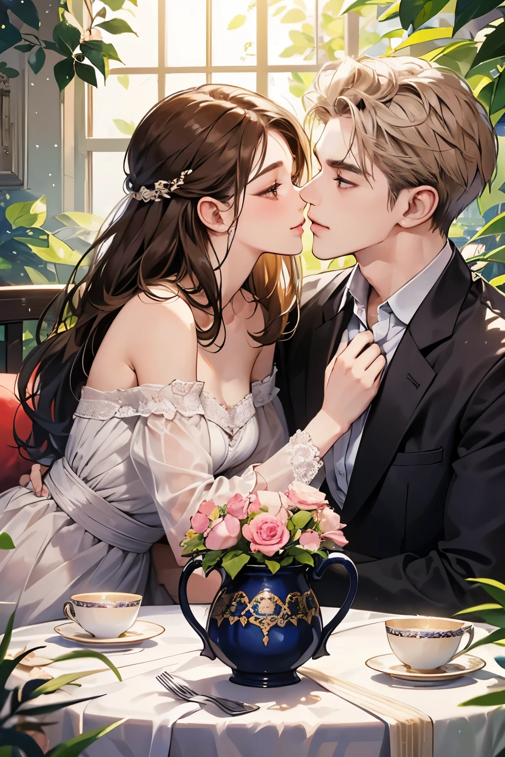 (table top, digital illustration, 4k, 8k, super detailed, beautiful images, clear image,  perfect face, perfect lines, perfect eyes, soft lighting) 1 female, (light brown hair,chignon hair,innocent look,droopy eyebrows,droopy eyes、With a round face,round chin、innocence,cute,Big eyes,natural makeup,smile gently,E cup,23 years old:1.3),Two handsome men in suits, (human,man wearing a suit,muscular,solid shoulder width,  boyish hairstyle,A man in his 30s with a cool expression,28 year old man with a bright smile:1.2),garden full of light、lots of flowers、squirt、colorful flower light,(embarrassing,shy smile:1.2),resort sofa,kiss、カップルkiss、romance porn、male and female couple looking at each other、In a fight、Afternoon tea、lunch