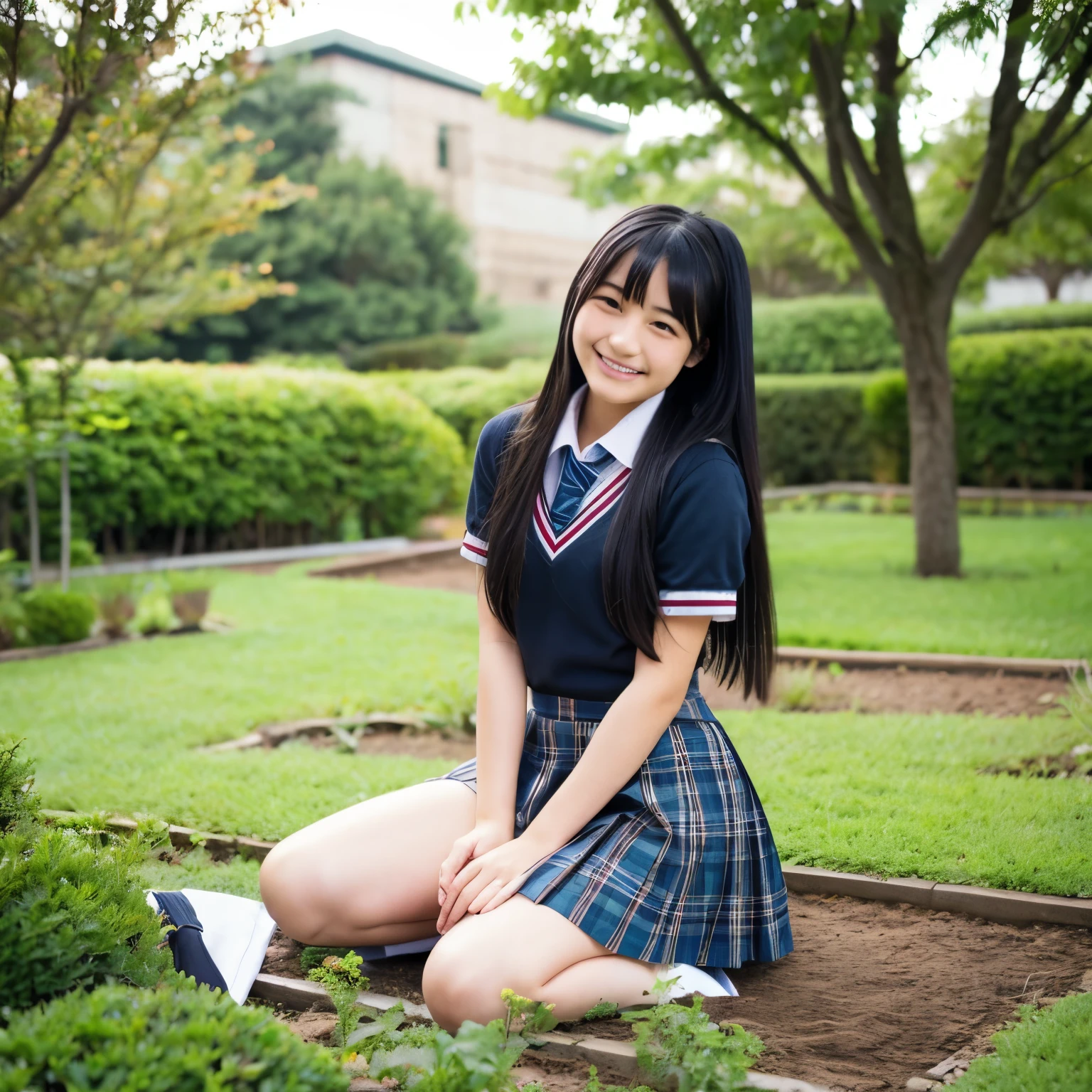 face down, smile, Japanese, high school girl, mini skirt, long black hair, garden