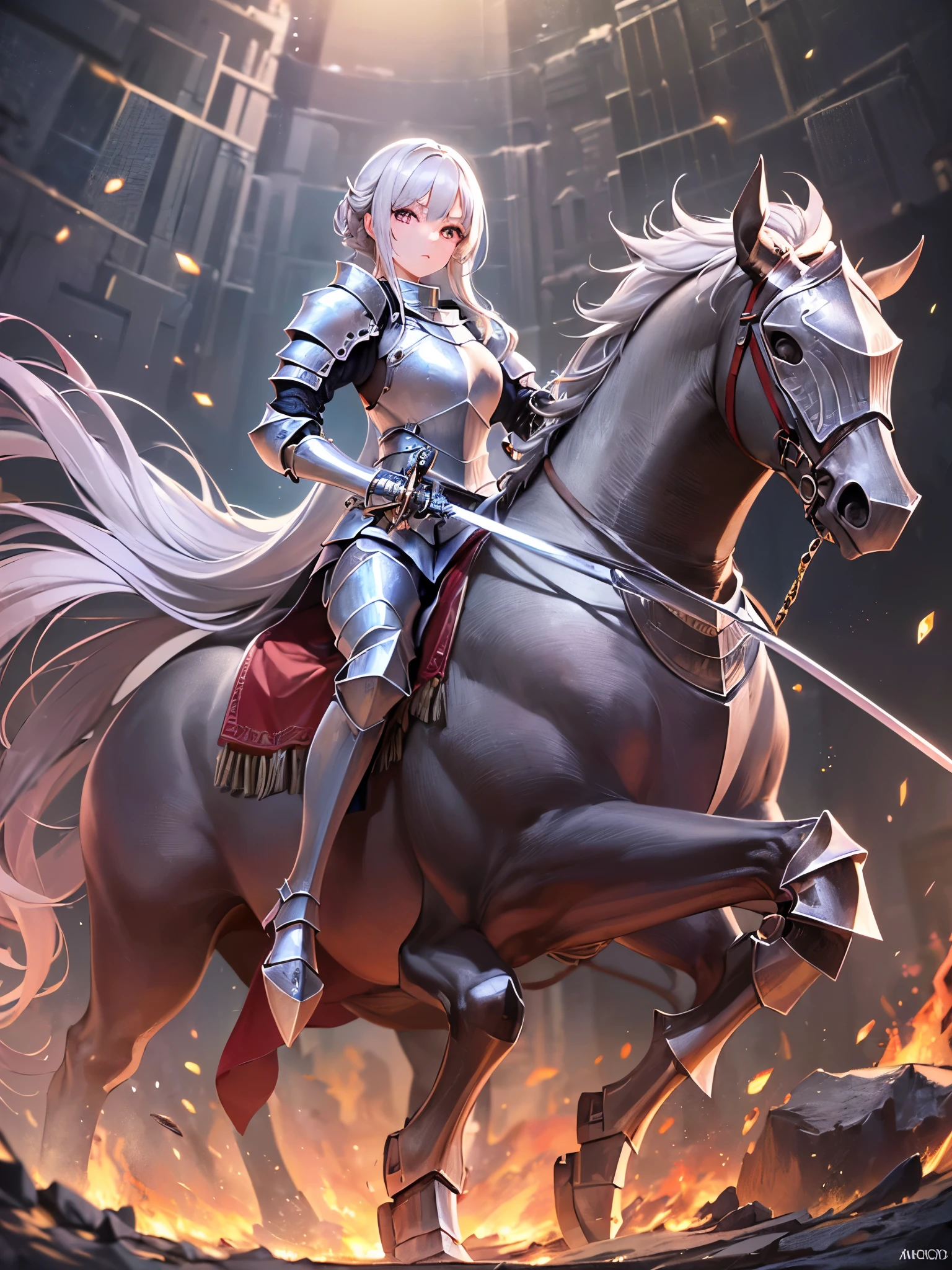 ((highest quality)),(ultra high resolution),(Super detailed),(detailed description),((best CG)),(best work of art),super precision art,amazing drawing art,(Fantasy art with precise details:1.5), (one female knight:1.8),(beautiful and well-shaped face:1.5),sharp,(transparent crystal armor:1.6),(A detailed carved sword:1.4), armored war horse:1.6,horse standing on pole,